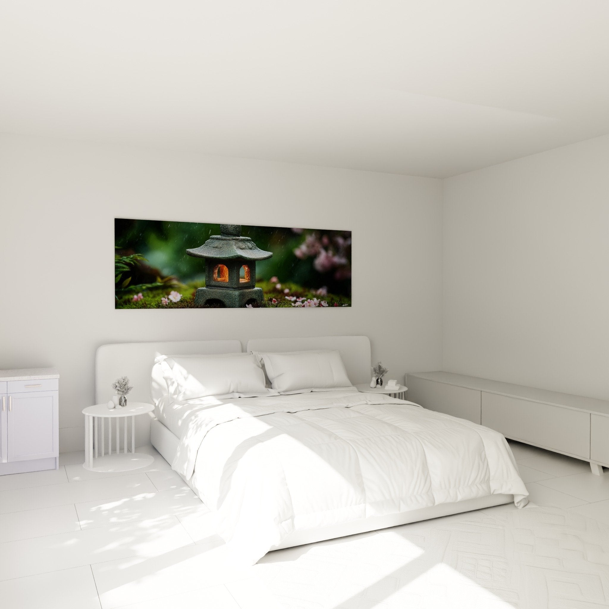 Tableau lanterne zen japonaise pierre dorée dans chambre moderne, ambiance apaisante et méditative