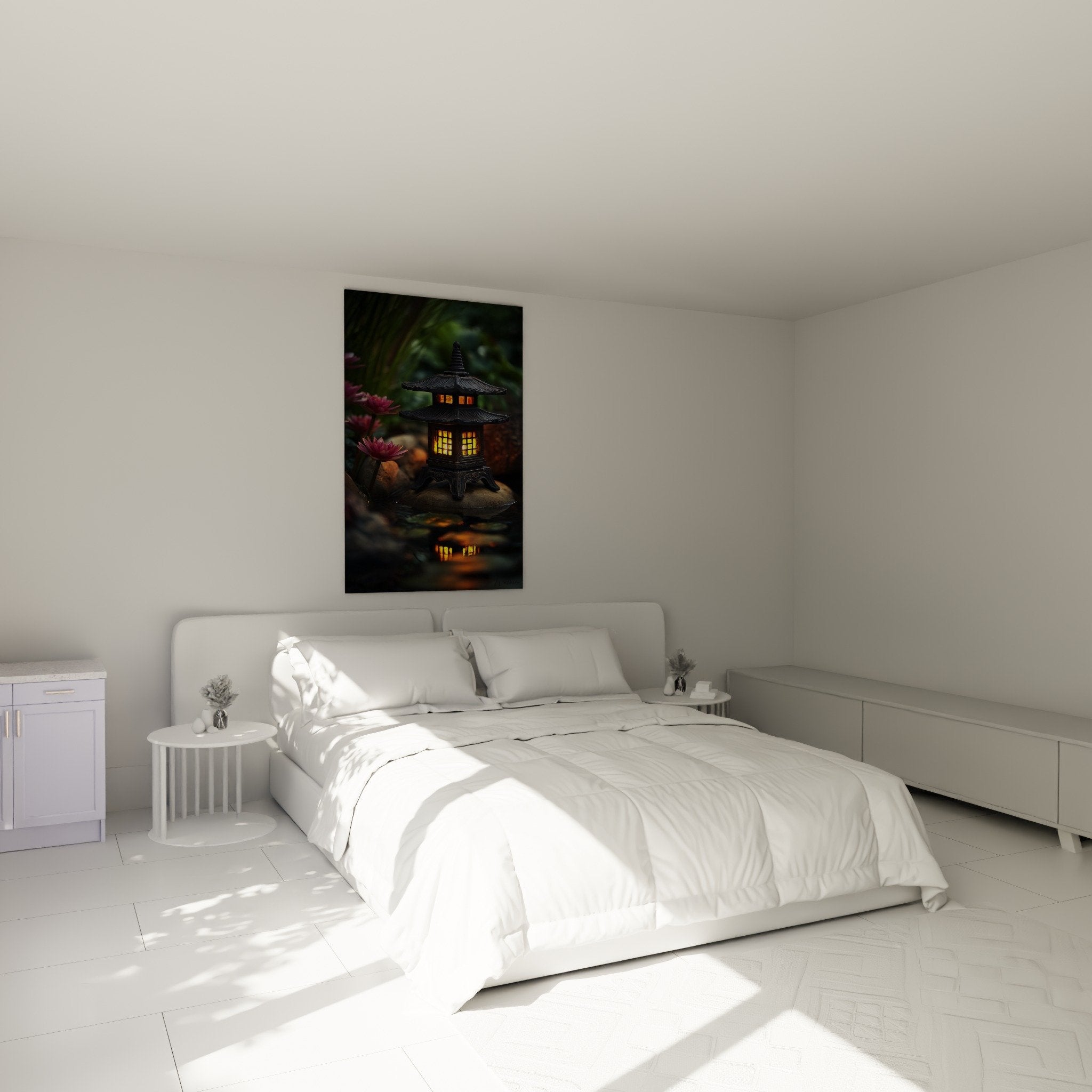 Japanese zen lantern wall art in modern bedroom with soothing nighttime ambiance and golden light