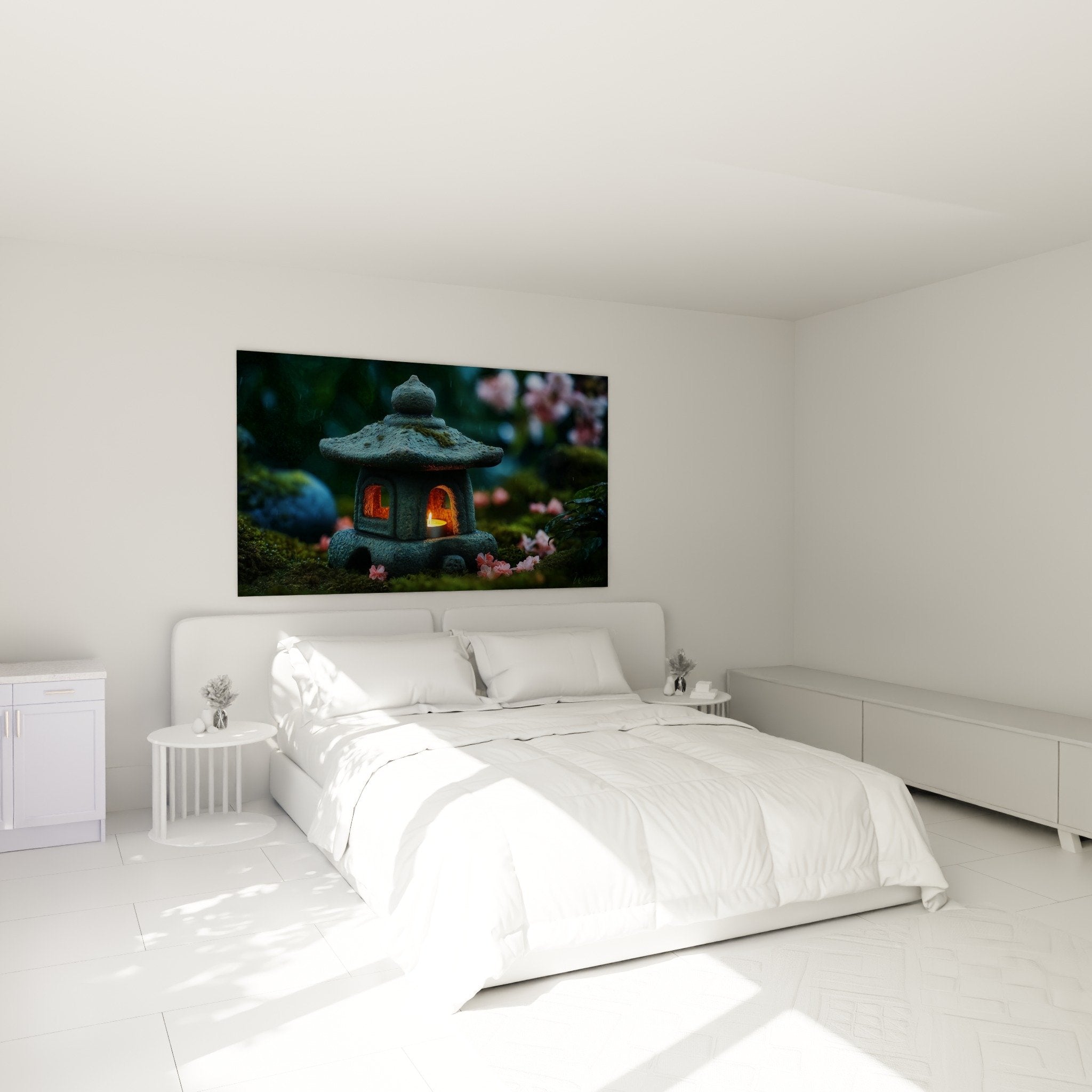 Tableau lanterne japonaise traditionnelle éclairée décorant une chambre zen aux tons naturels