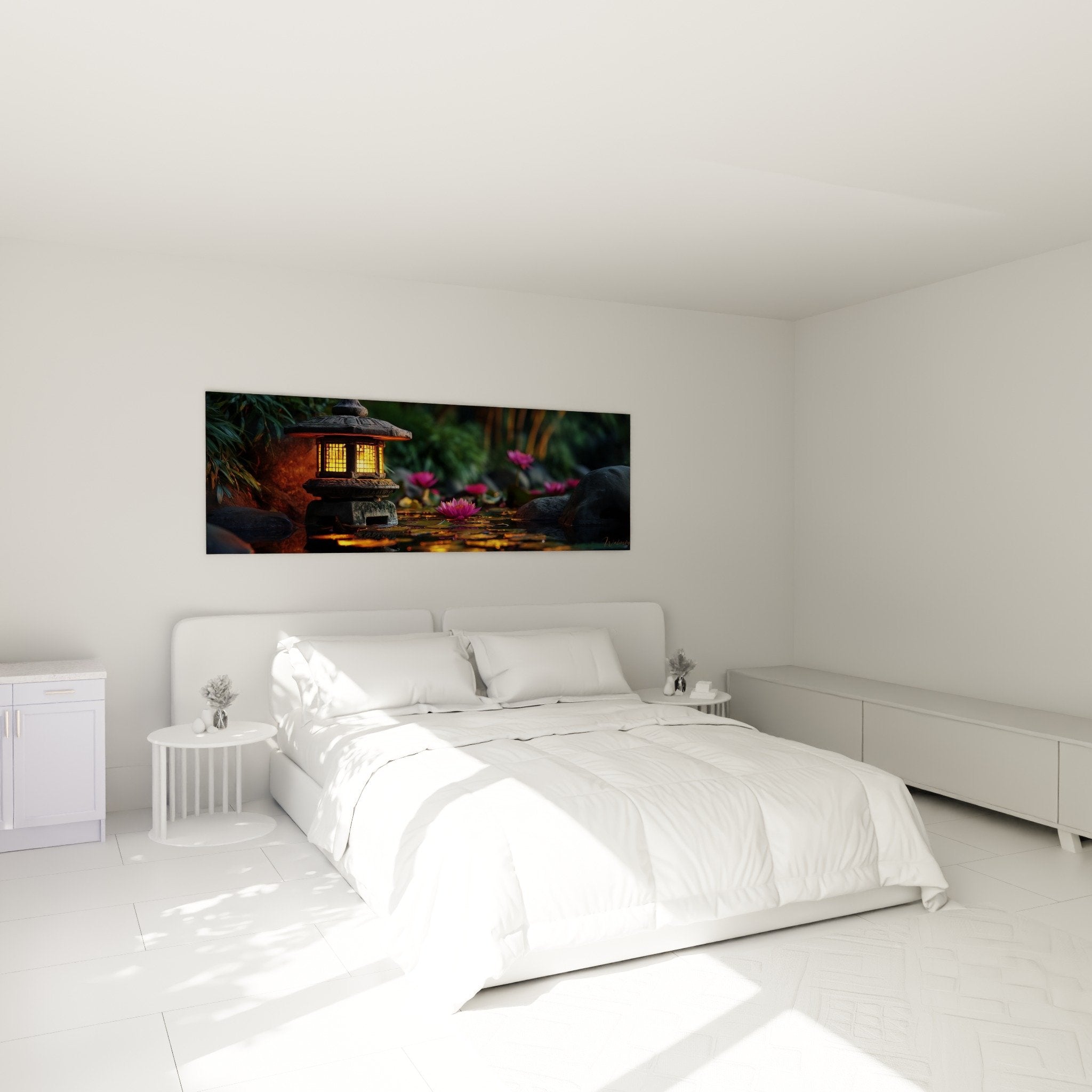 Tableau lanterne zen japonaise dans chambre moderne, décoration murale apaisante avec nénuphars roses
