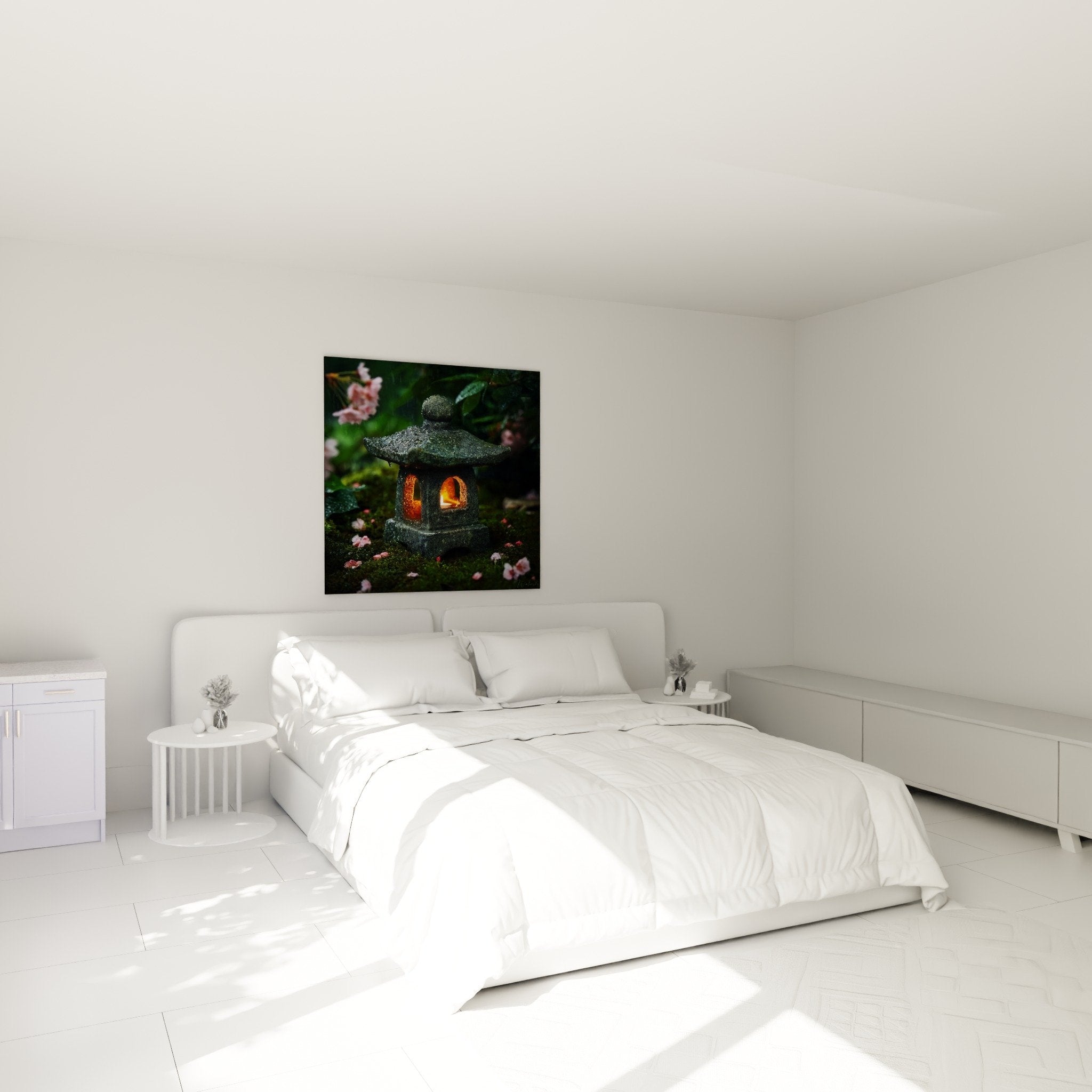 tableau lanterne zen japonaise pierre illuminee ambiance chambre decoration murale apaisante nature