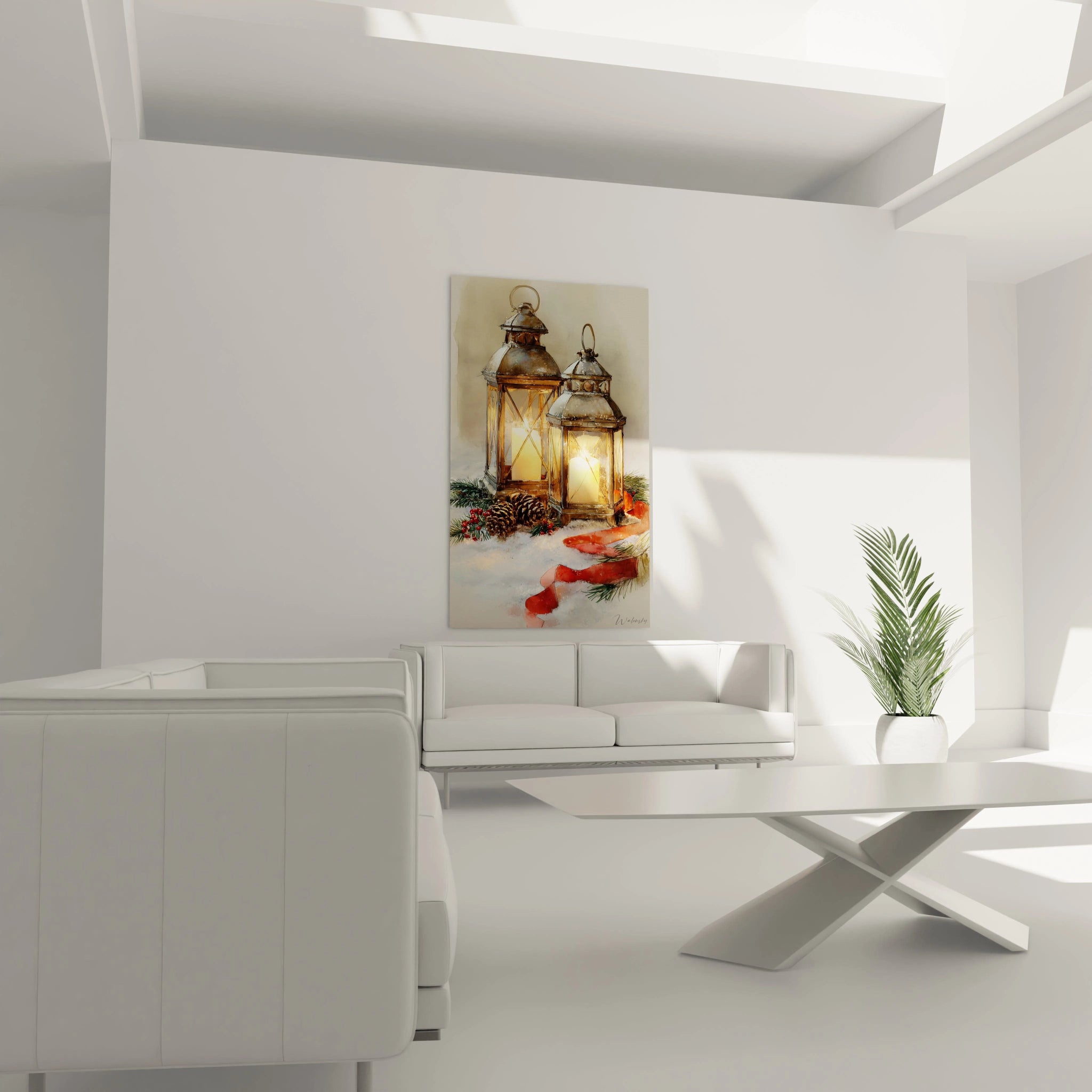 Tableau mural lanternes de Noël décoratif avec ambiance chaleureuse dans un salon moderne