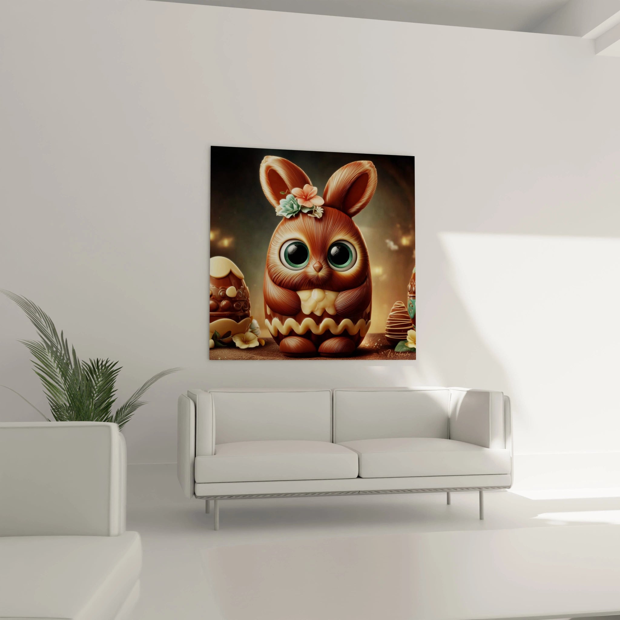 Walensky tableau lapin chocolat Pâques mural carré montrant un lapin en chocolat aux grands yeux et oeufs de Pâques