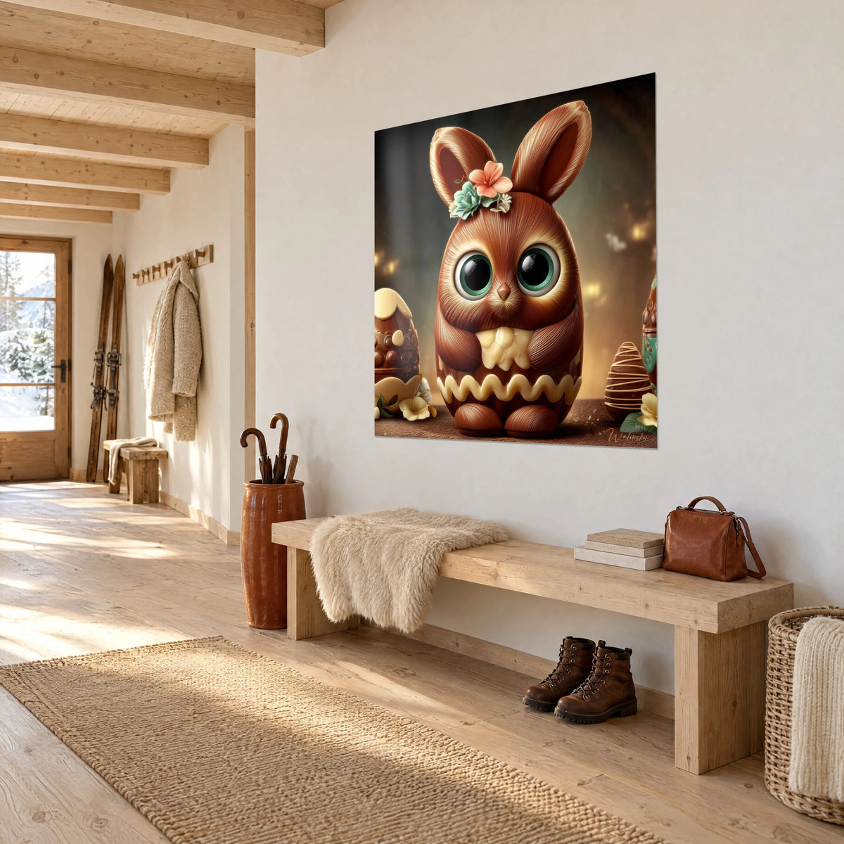 Quadro golosità ovale marrone cacao, orecchie dritte e nastro di cioccolato bianco ondulato, su una parete bianca d'ingresso in stile chalet