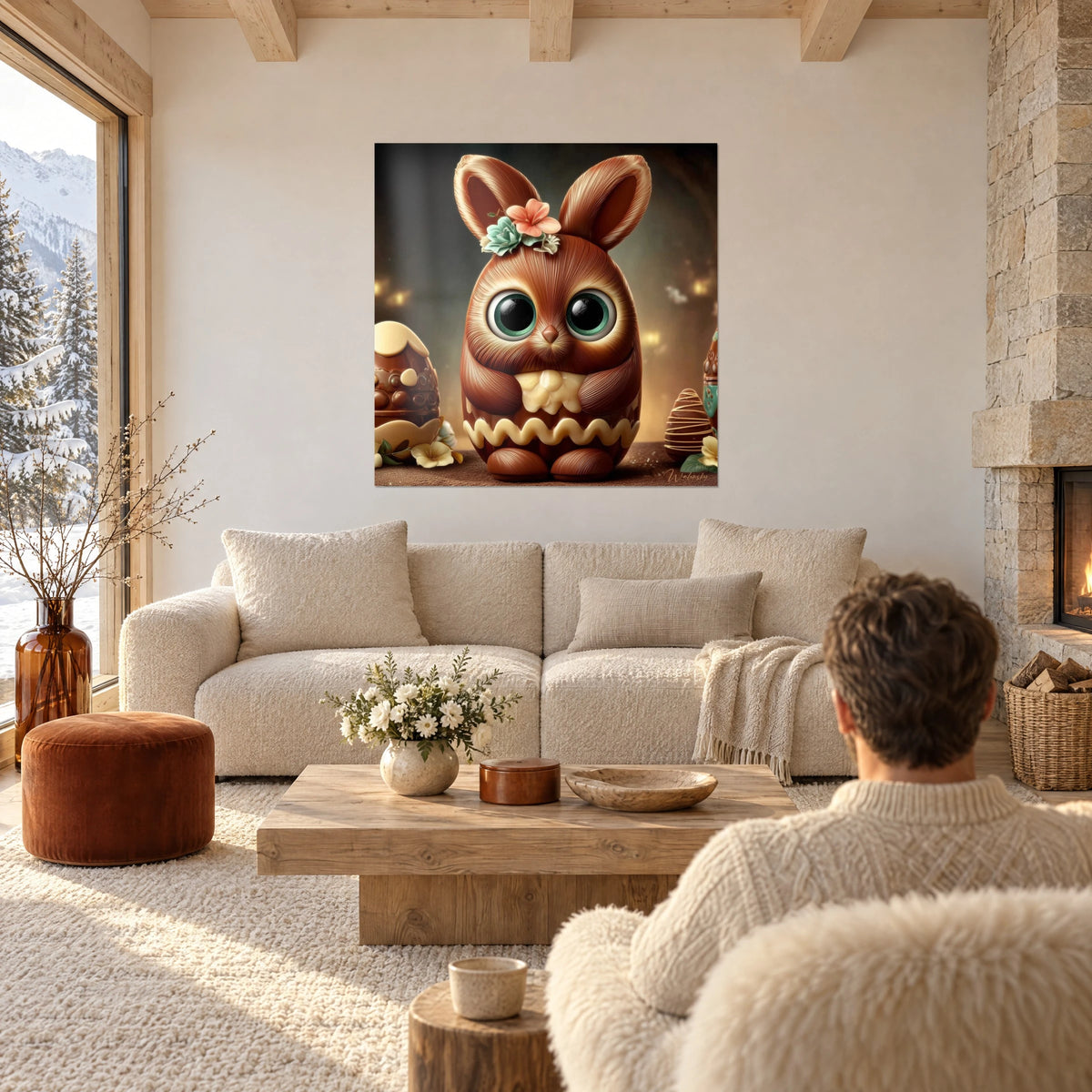 Quadro coniglietto pasquale al cioccolato al latte, grandi occhi verdi e fiore corallo, sopra un divano in un soggiorno luminoso
