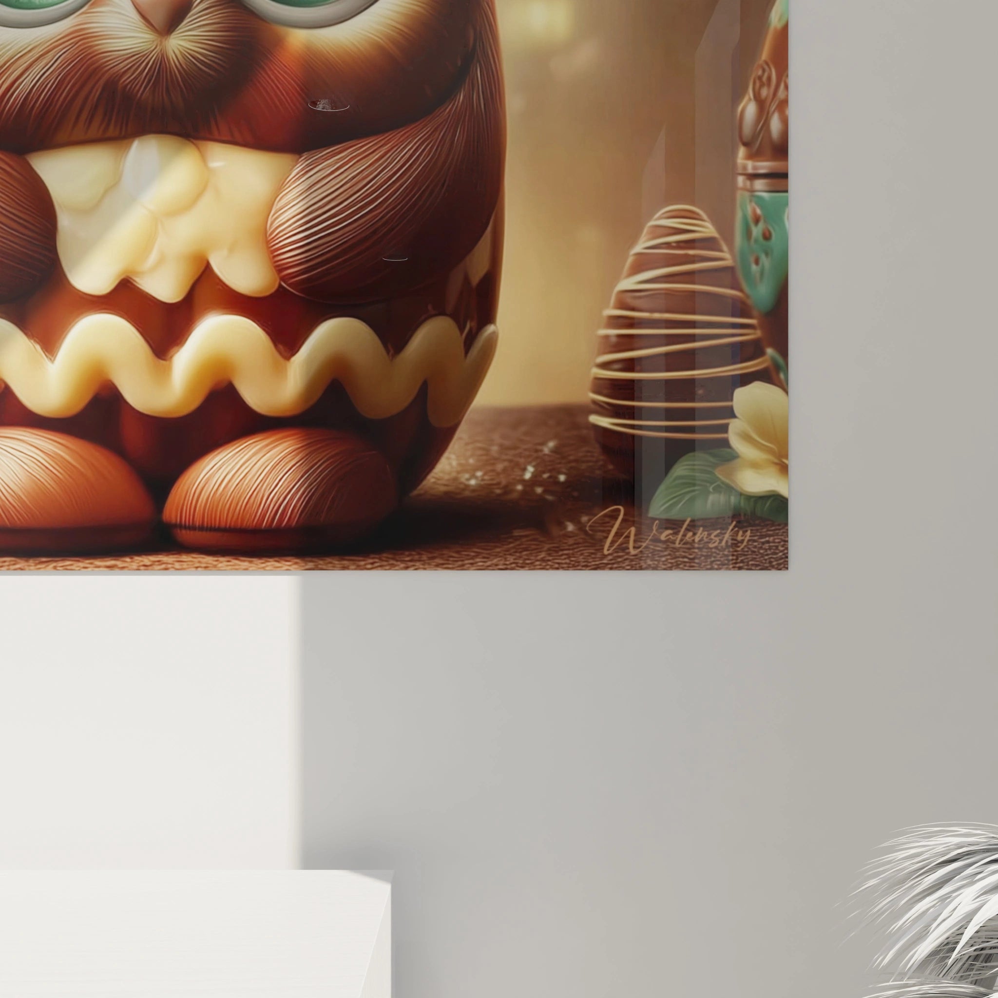 Tableau mural Walensky montrant un tableau lapin chocolat Pâques en gros plan avec oeufs décoratifs et détails réalistes