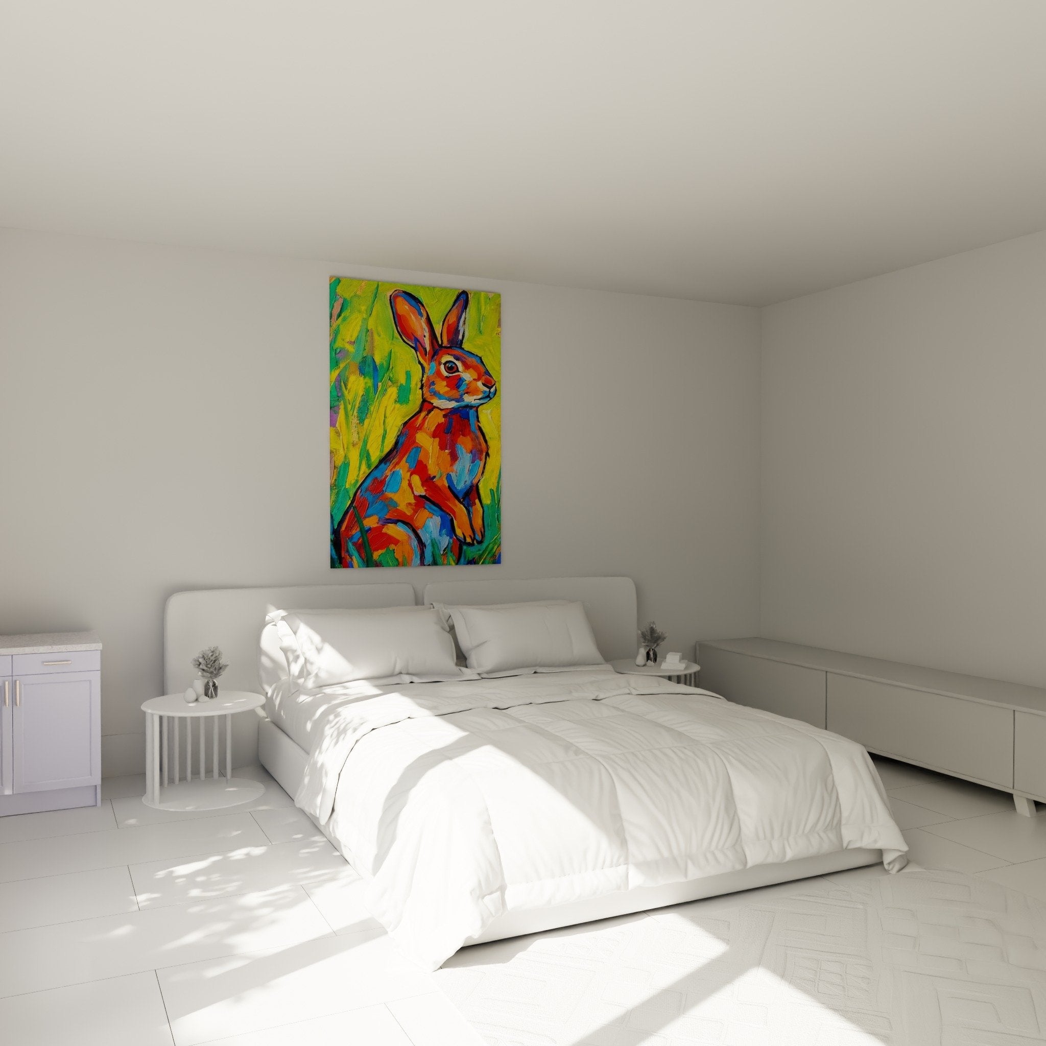 Colorful rabbit painting orange blue in modern bedroom wall art animal artwork