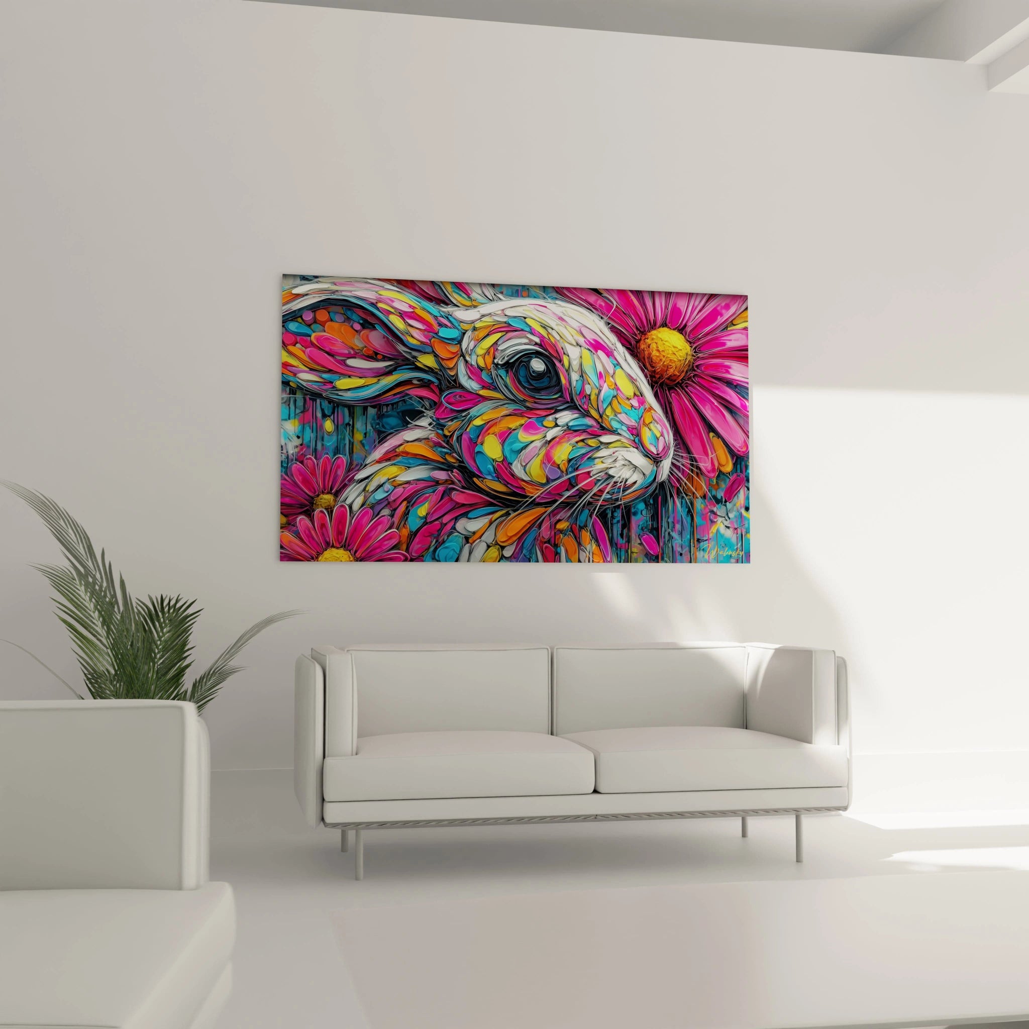 Détail tableau lapin couleurs vives œil expressif art moderne fleurs roses pétales colorés