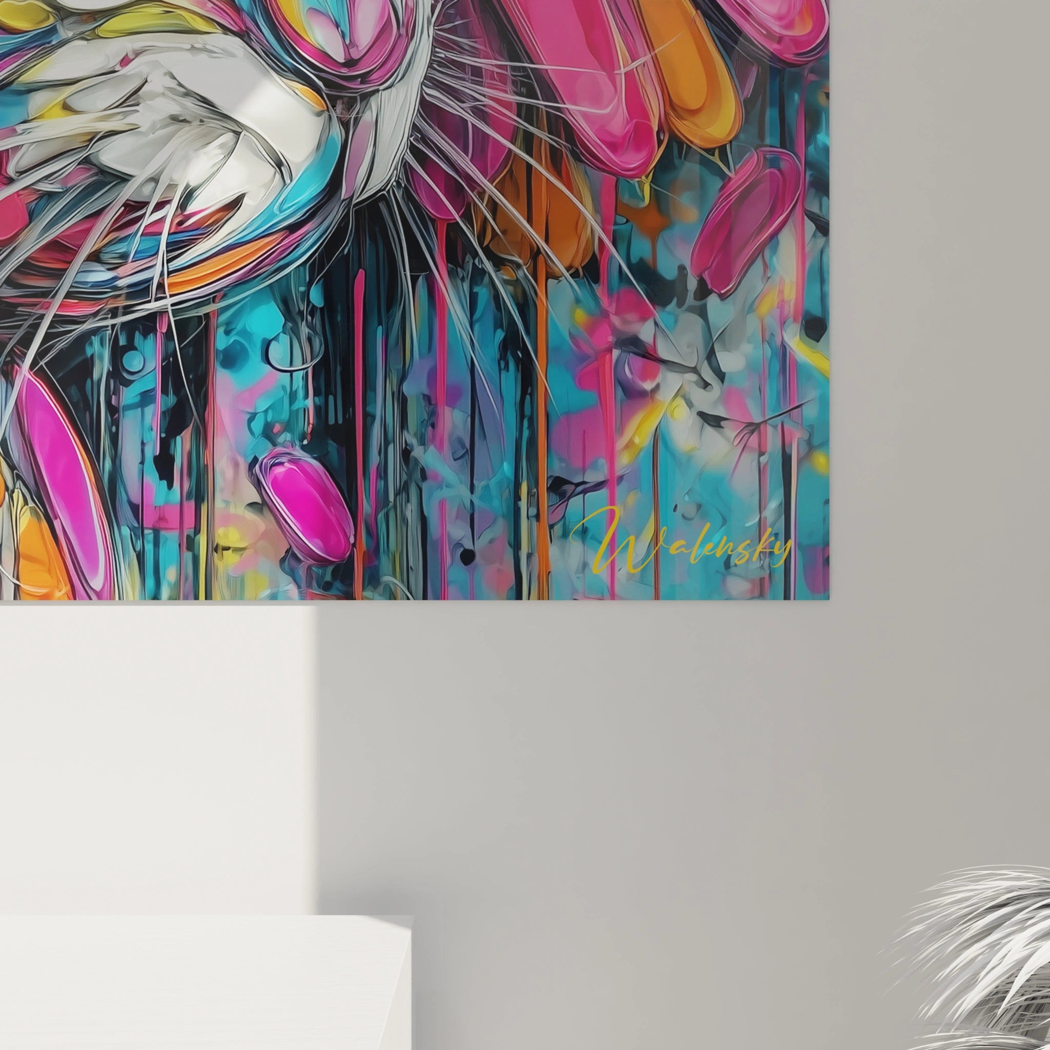 Vue ensemble tableau mural lapin psychédélique couleurs éclatantes décoration art contemporain