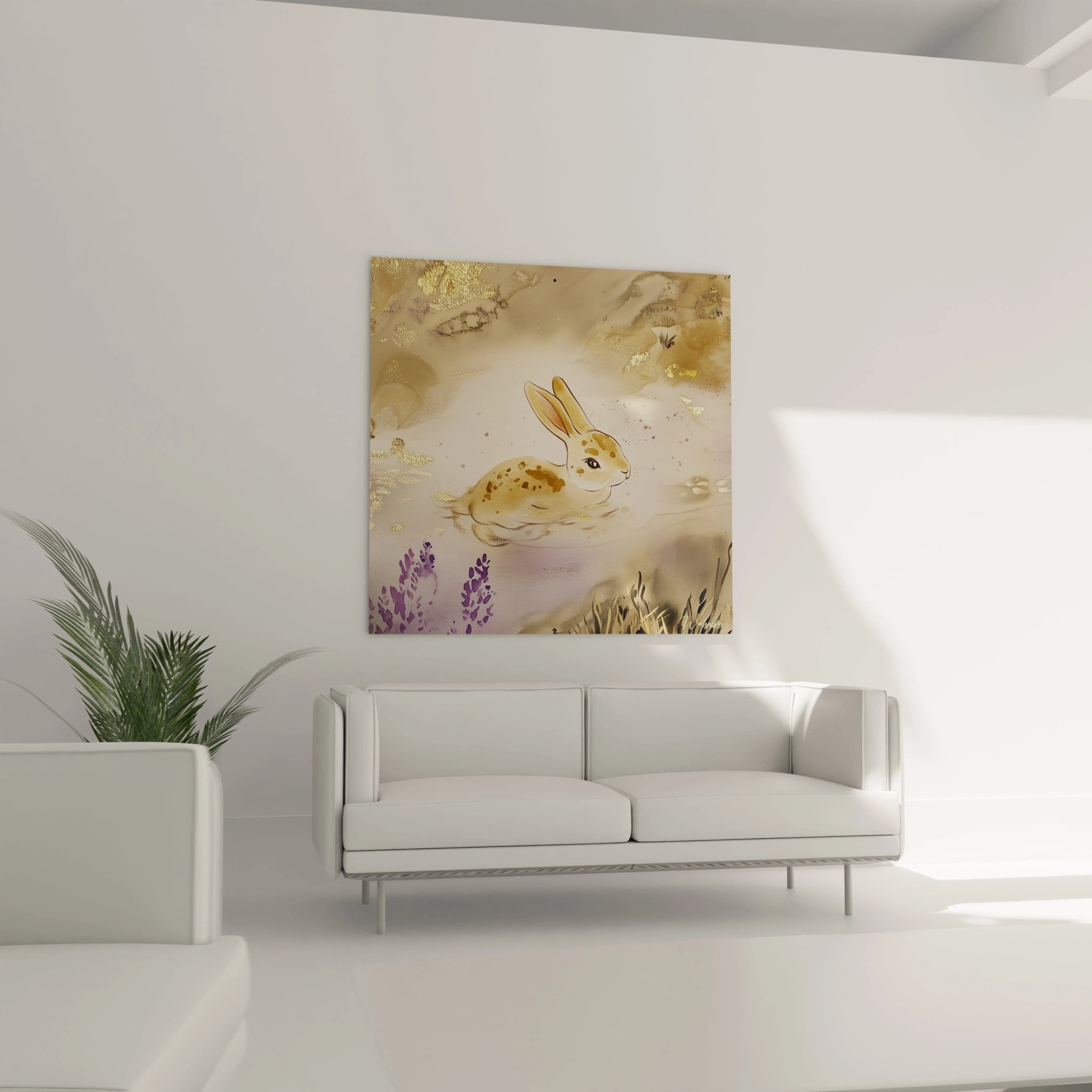 Tableau lapin décoratif Walensky avec illustration douce et naturelle dans un salon moderne