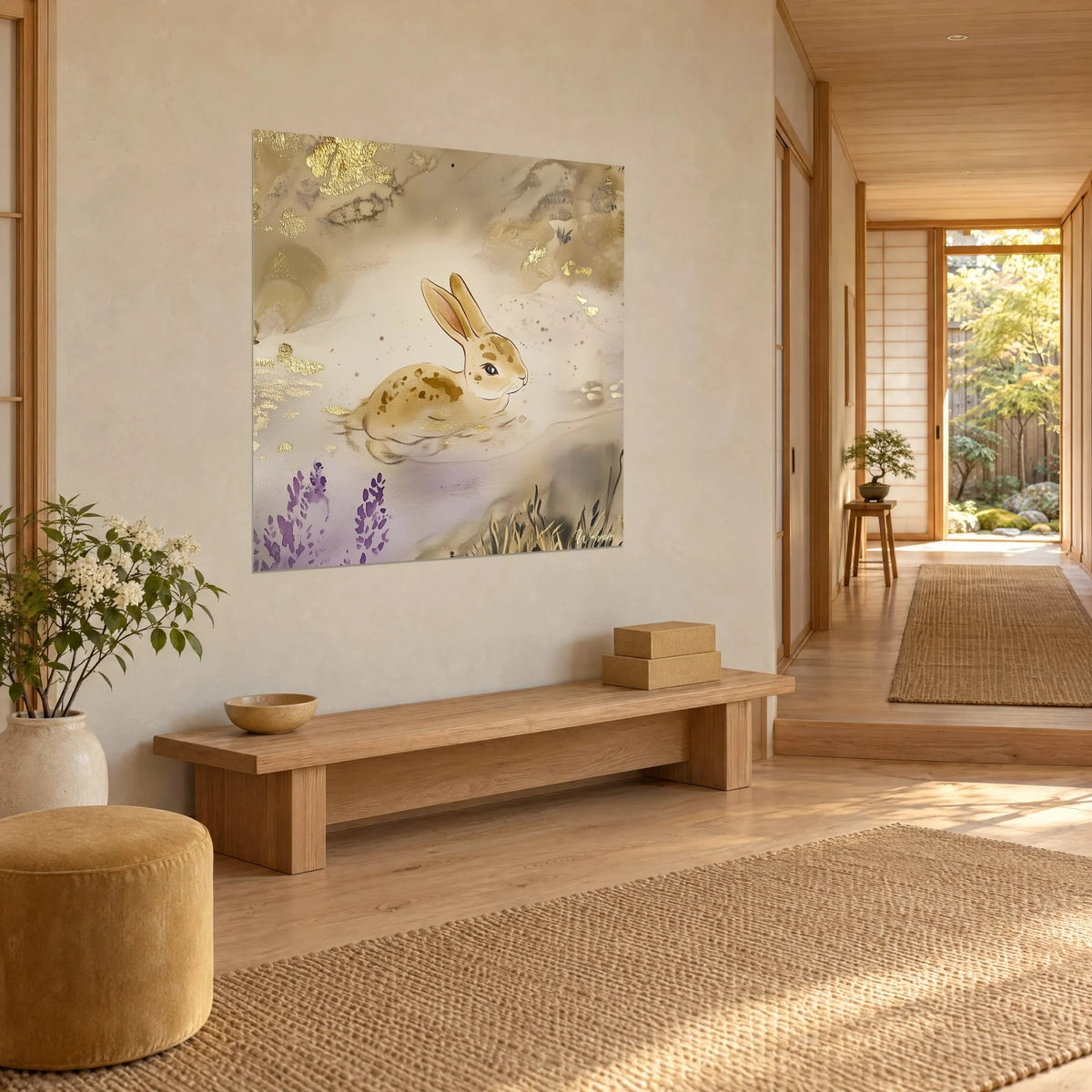 Tableau petit lièvre beige aux oreilles rosées, éclats dorés sur fond crème et touches lavande, vu de trois-quarts dans un couloir japandi