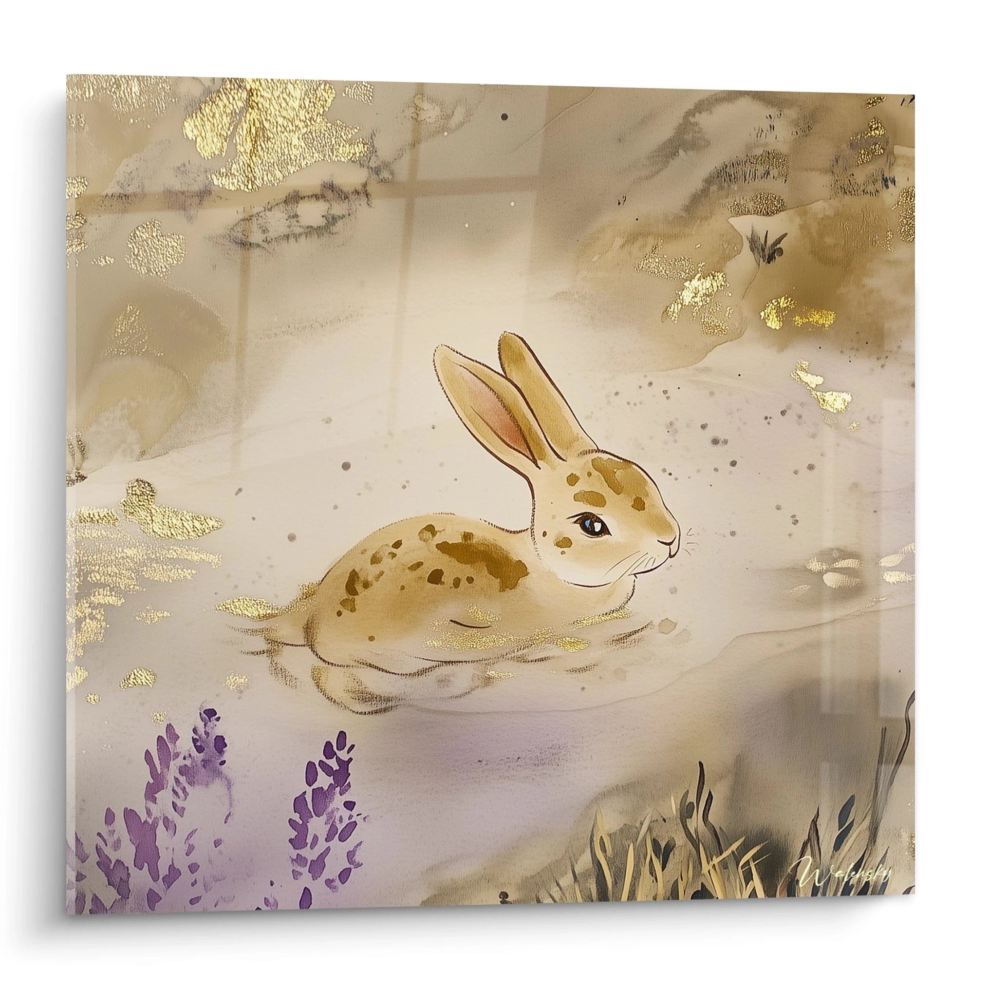 Tableau lapin Walensky avec illustration douce d'un lapin beige dans un décor floral et doré