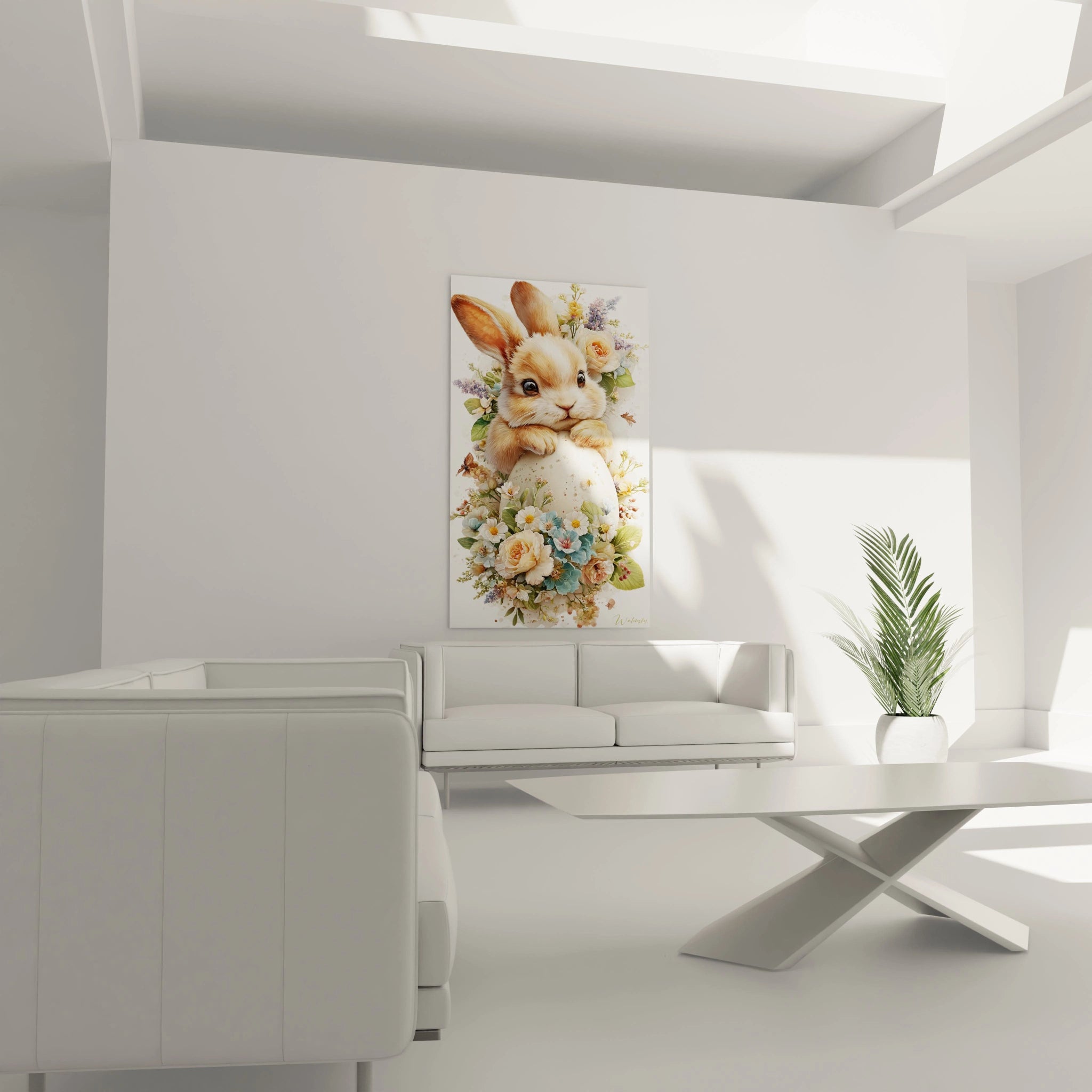 Tableau mural Walensky avec tableau lapin décoration Pâques montrant un lapin floral pastel accroché au dessus du canapé blanc