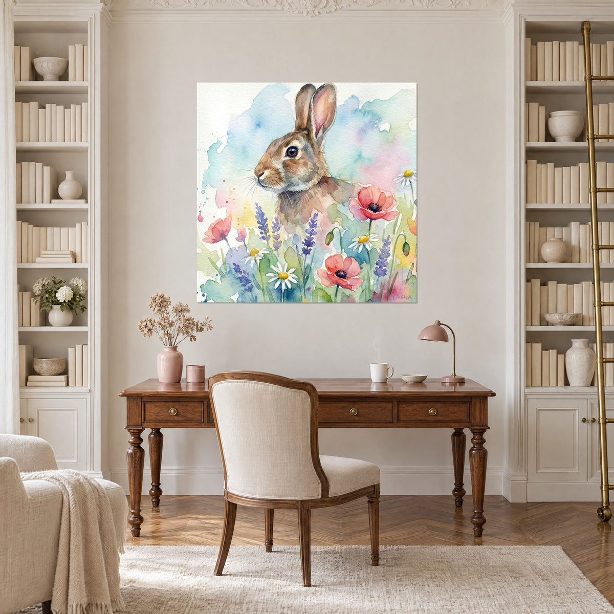 Quadro coniglietto di campagna ad acquerello, lavanda malva, papaveri rosa salmone e velatura azzurro cielo, sopra una scrivania in legno di fronte alla libreria