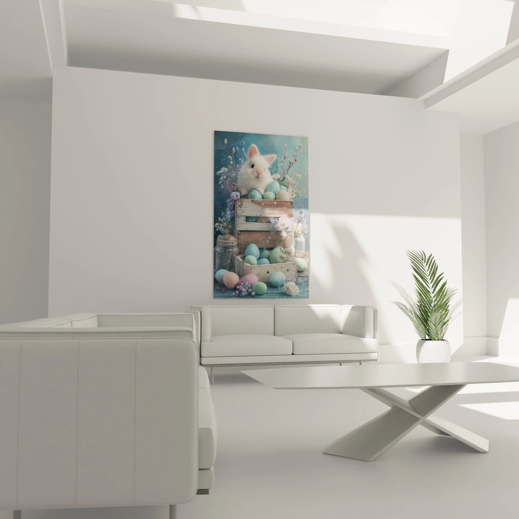 Tableau Walensky montrant un lapin blanc sur une caisse entouré d oeufs pastel et fleurs tableau lapin pâques décoration murale