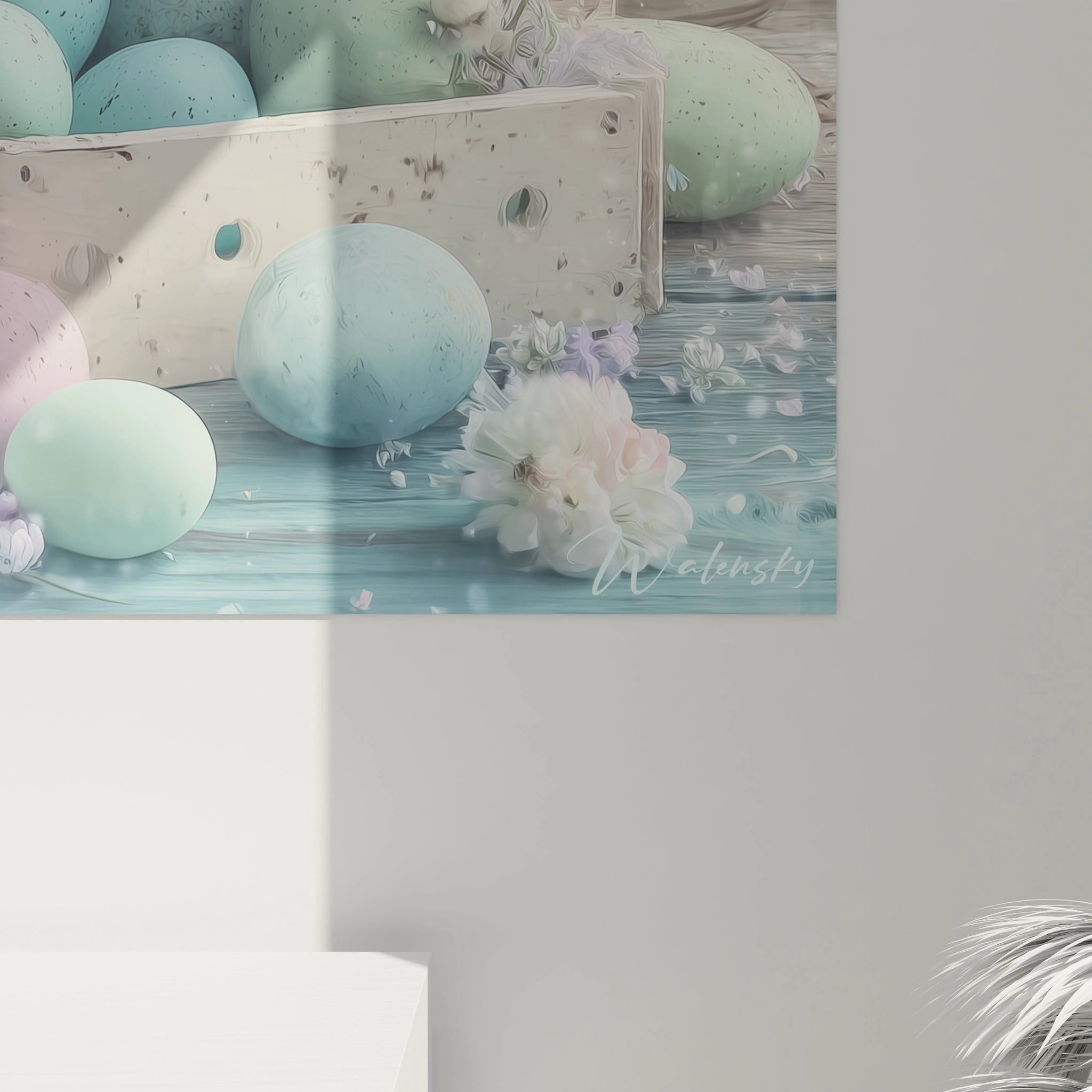 Walensky tableau mural avec oeufs pastel et fleurs sur bois bleu tableau lapin pâques décoration murale pour salon