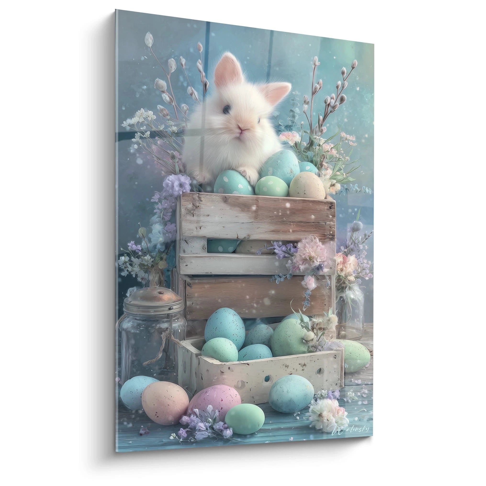 tableau lapin pâques décoration murale Walensky tableau mural lapin blanc avec oeufs pastel caisses en bois et fleurs