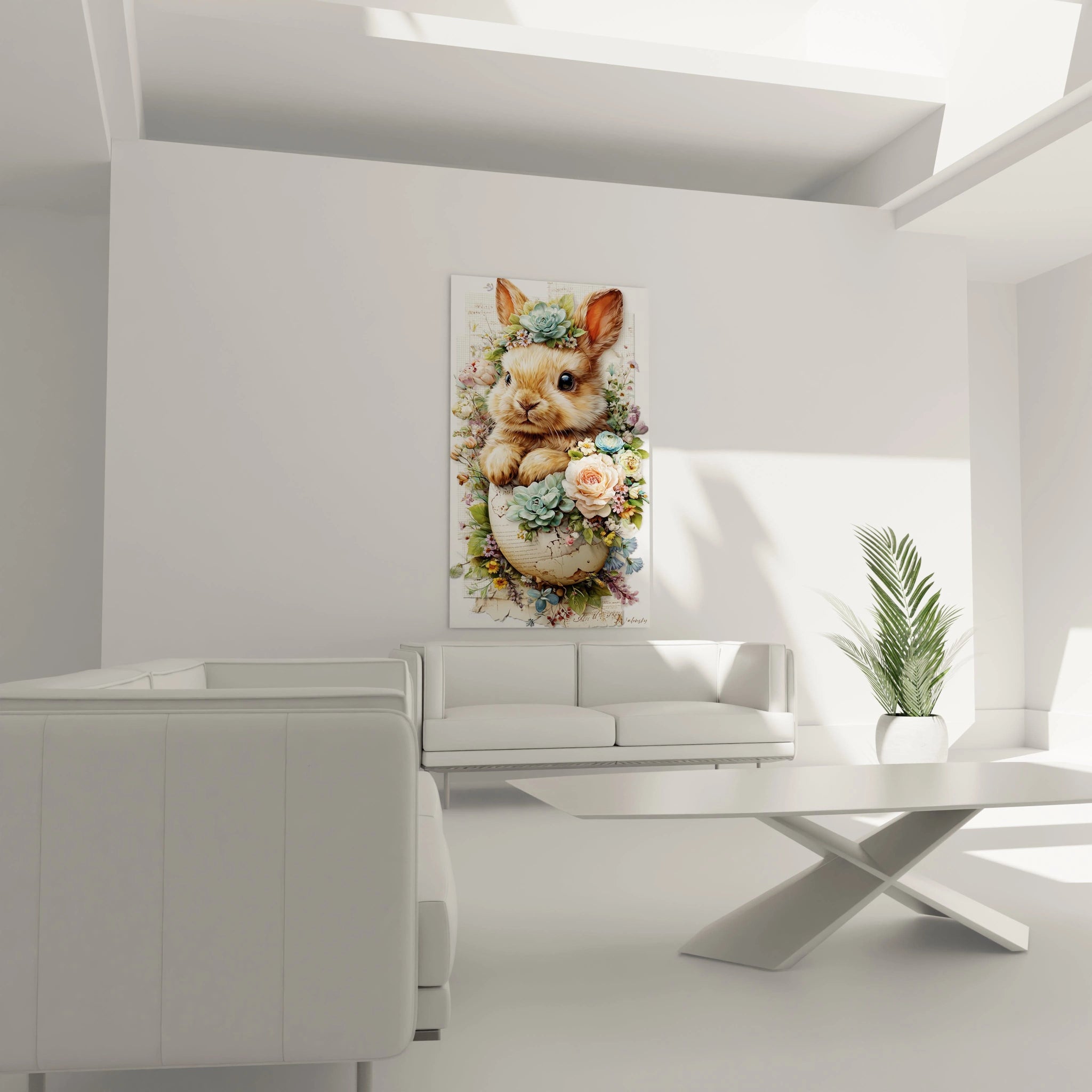 Tableau mural Walensky avec un lapin dans une couronne de fleurs accroche dans salon minimaliste tableau lapin décoration Pâques