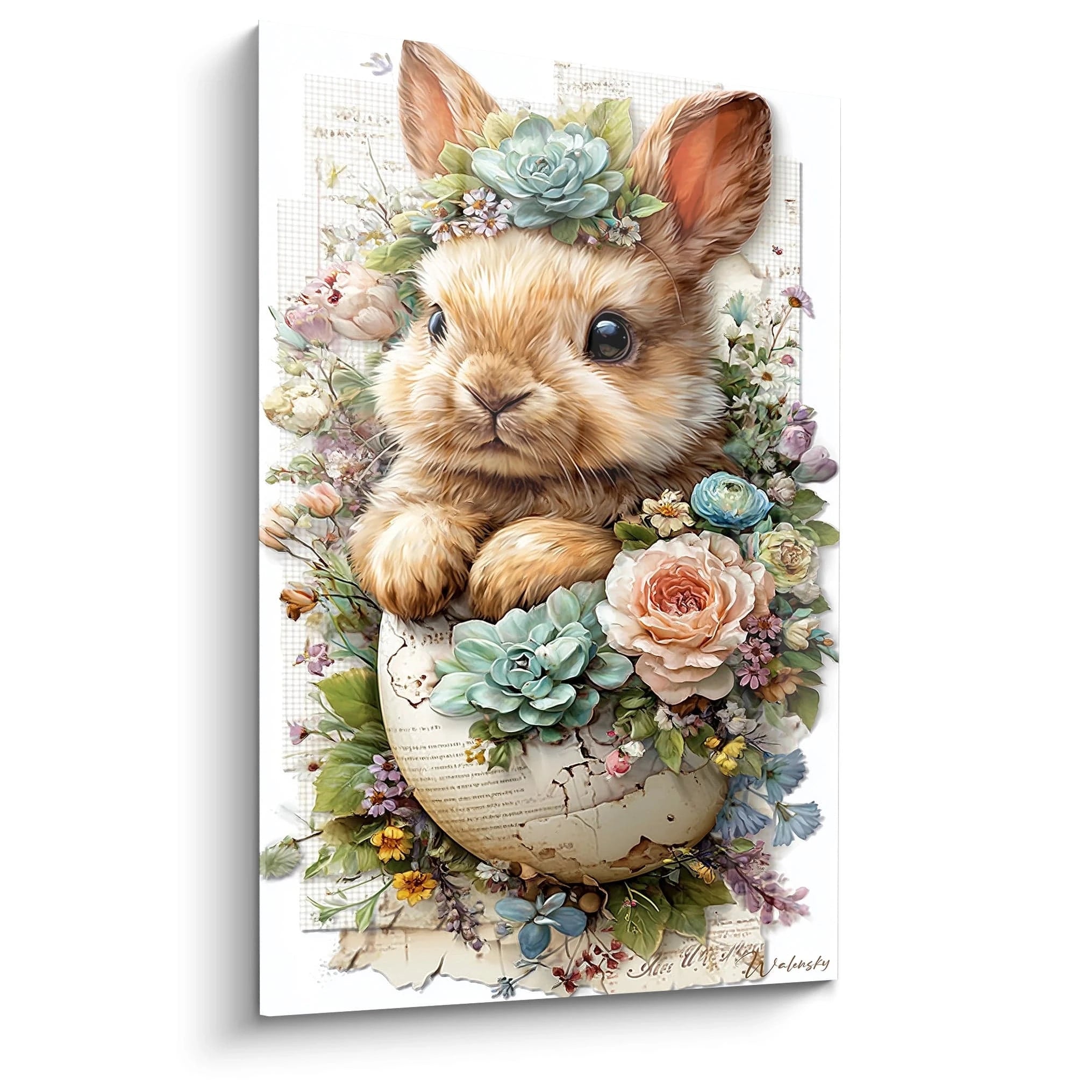 Tableau mural Walensky tableau lapin décoration Pâques illustration lapin mignon dans une coquille entouré de fleurs pastel