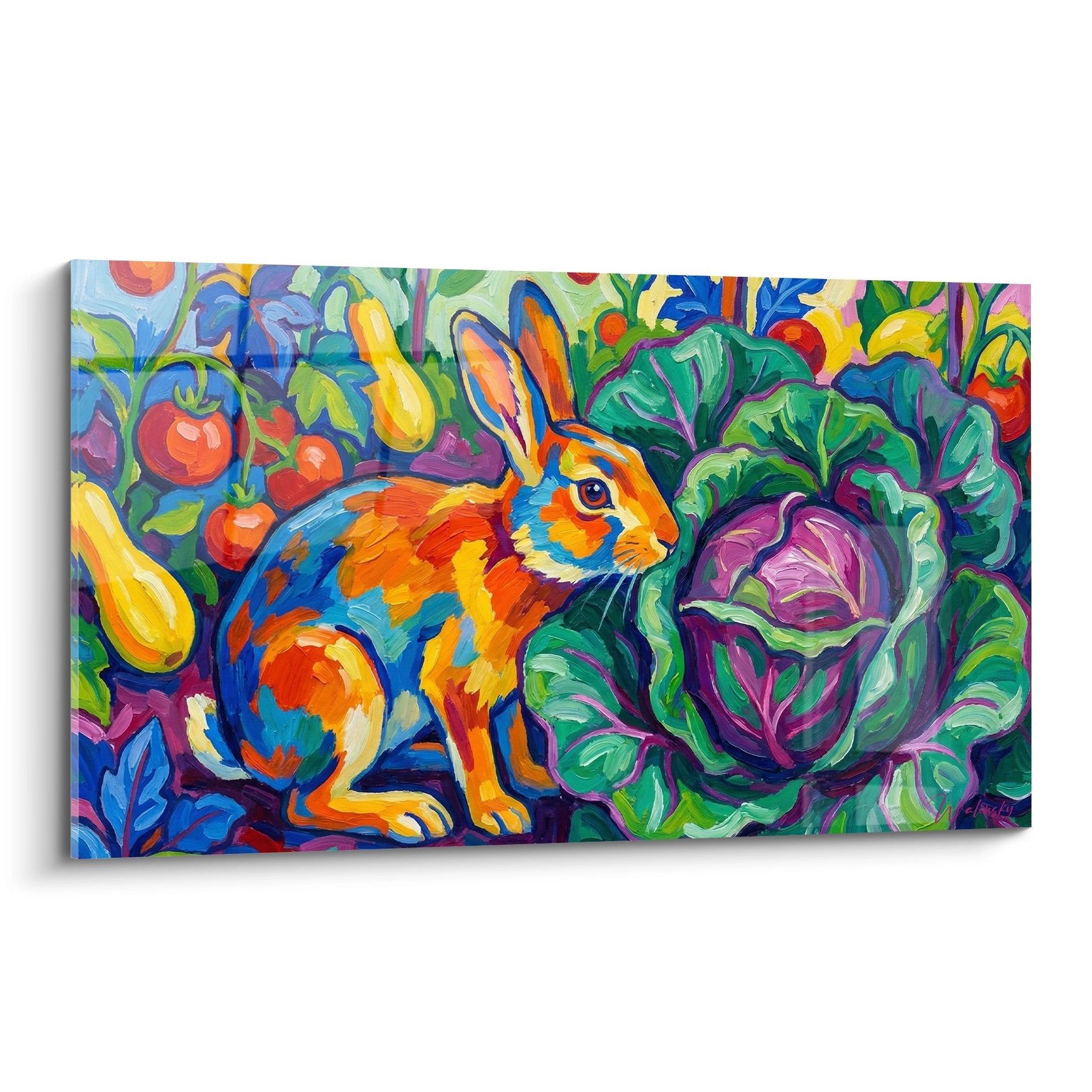 Colorful rabbit orange and blue painting in vegetable garden with green purple red vegetables vibrant expressionist style