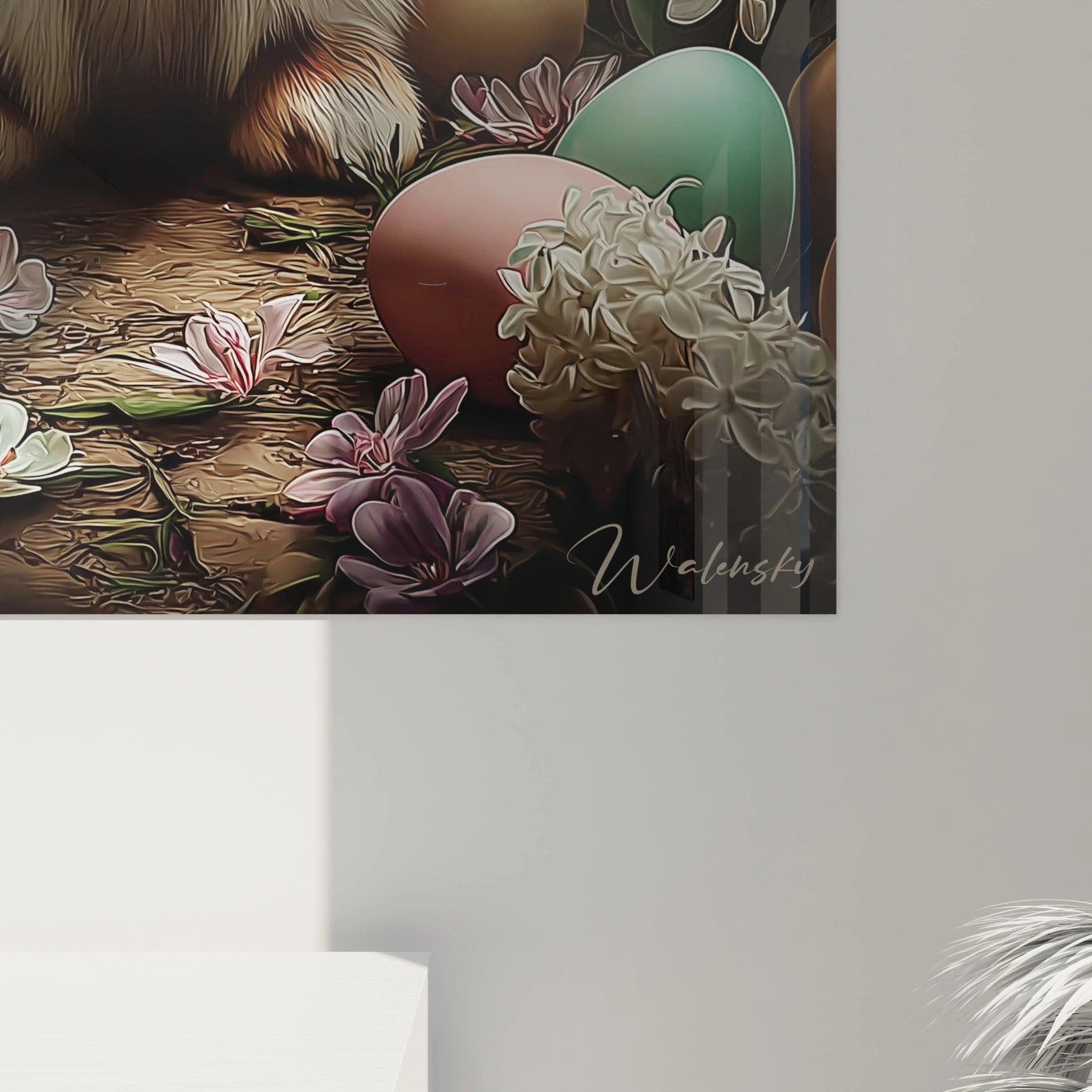 tableau lapin de Pâques Walensky tableau mural décoratif avec oeufs pastel fleurs et pelage de lapin