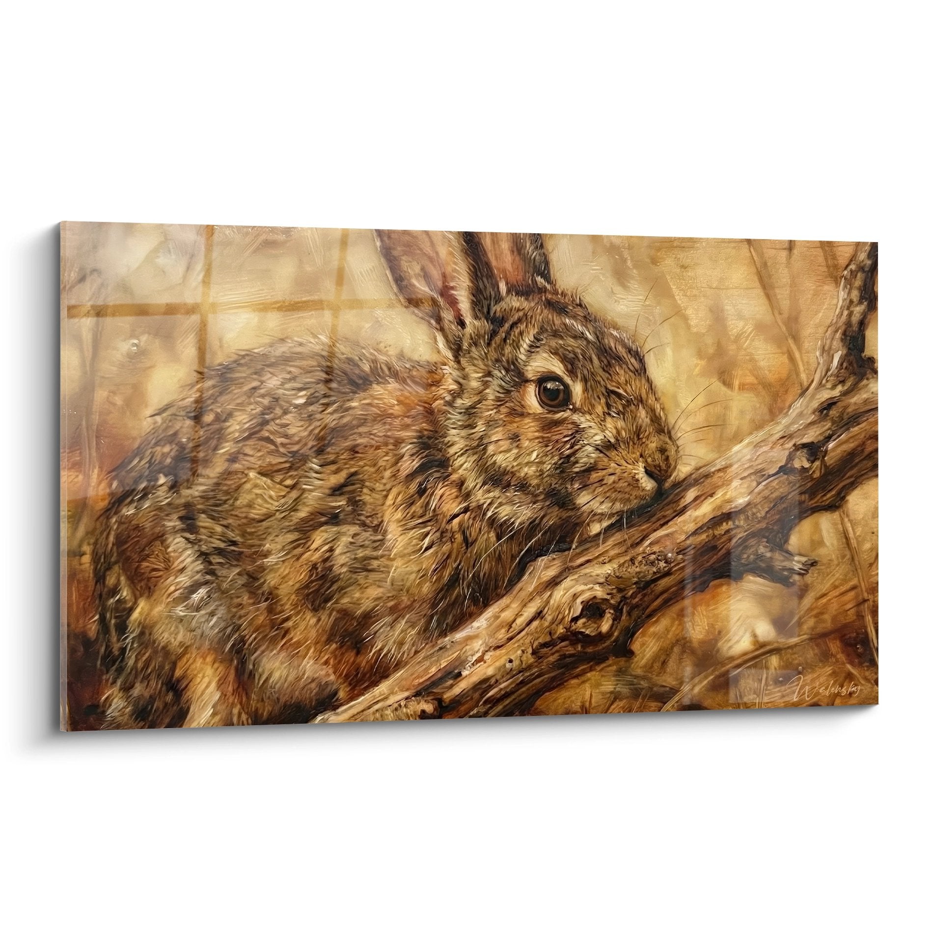 Kaninchen-Gemälde in Goldtönen auf Holzast mit natürlicher Textur warme Tierkunst