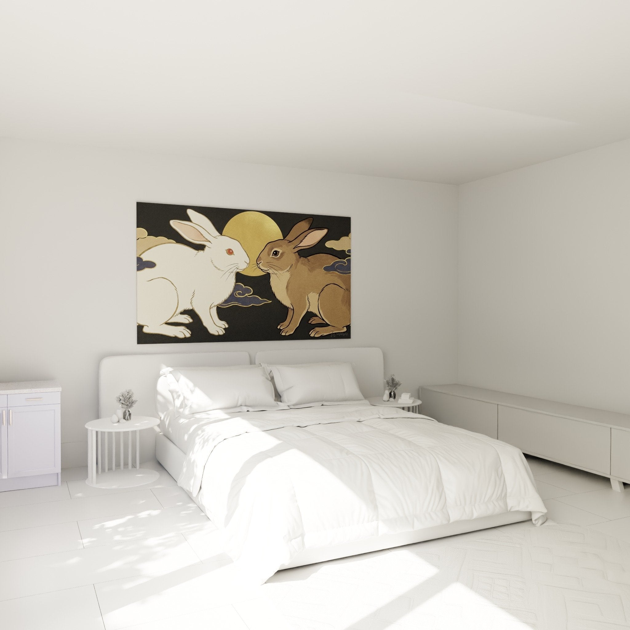 Kaninchen-Wandbild nächtliche Vertrautheit hängend im Schlafzimmer romantische Atmosphäre goldener Mond