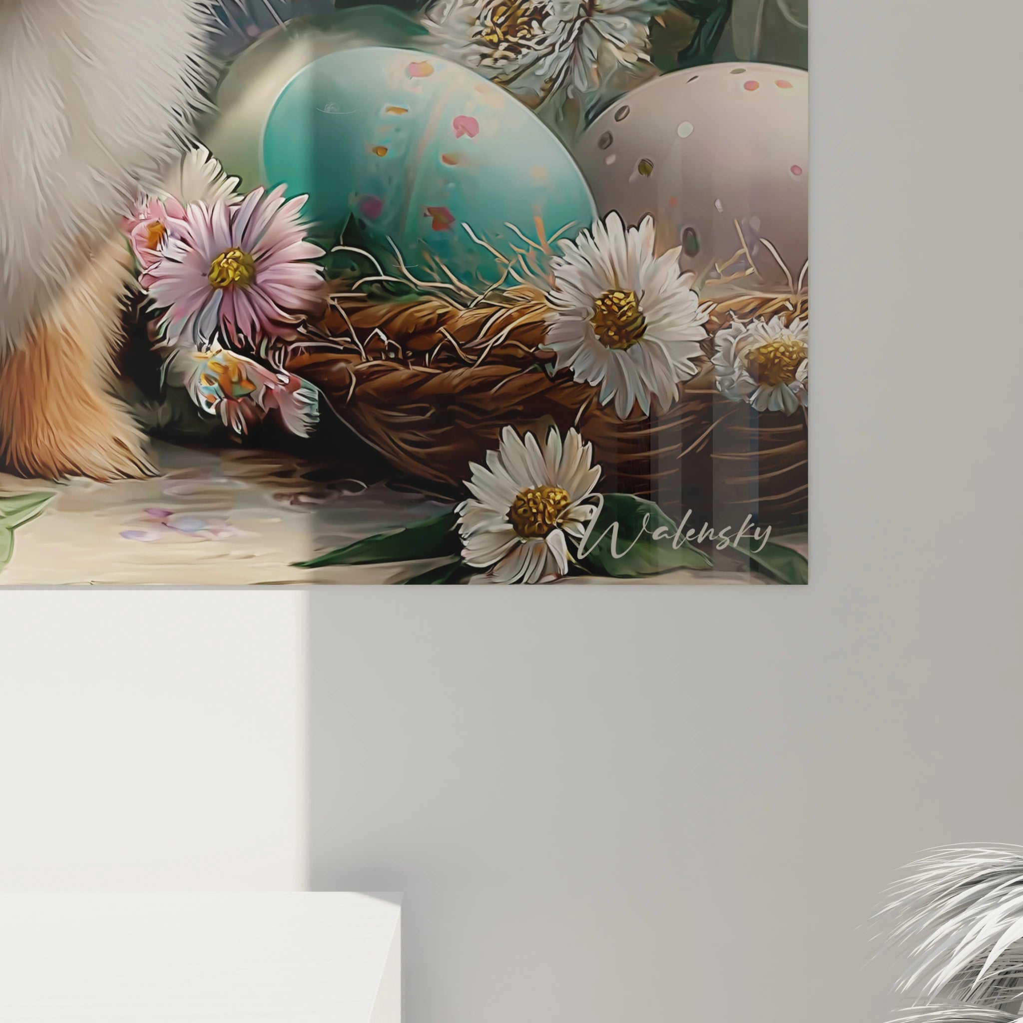 tableau lapins chasse aux œufs Walensky décor printanier montrant un panier d'œufs pastel et des marguerites