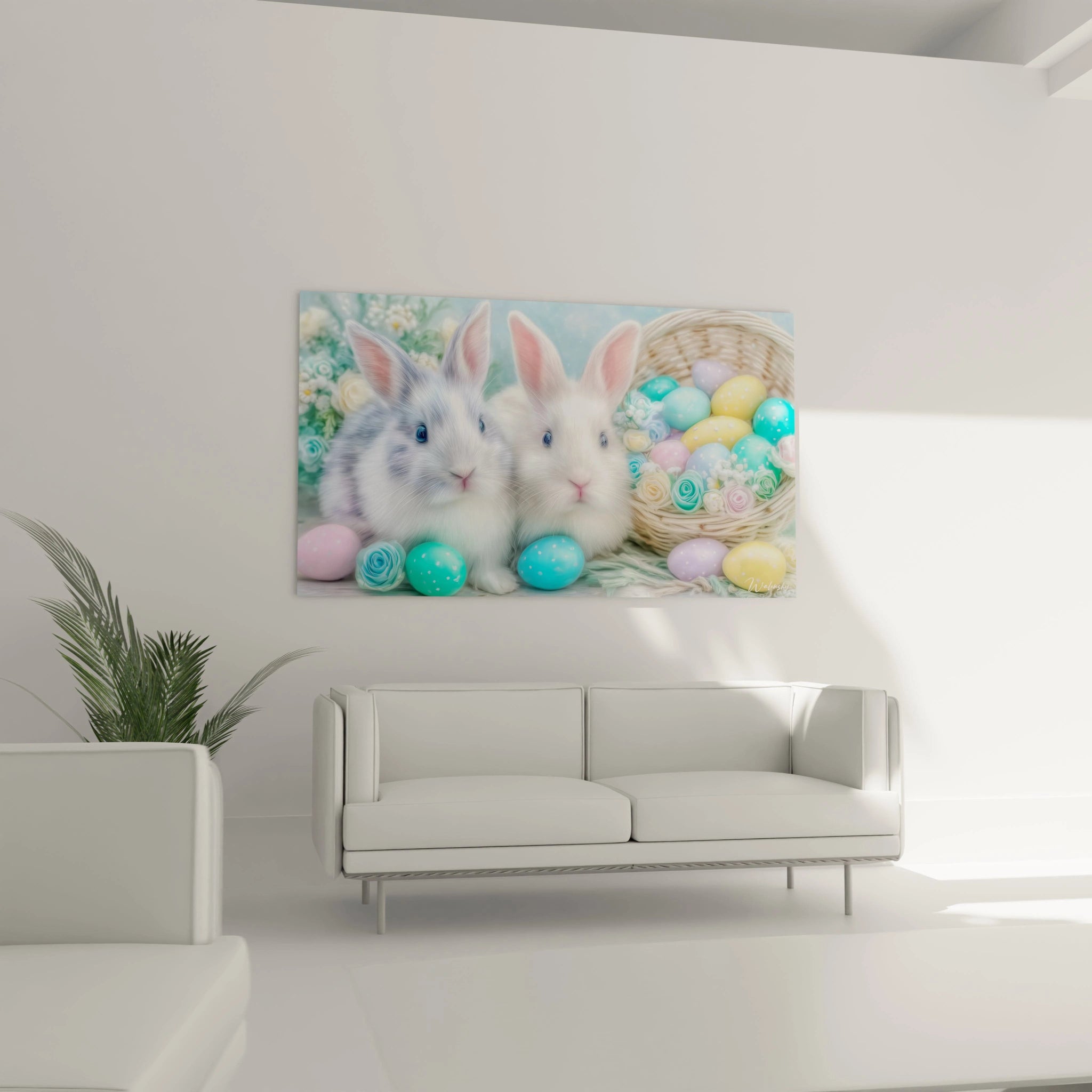 Walensky tableau lapins décoration Pâques mural avec deux lapins blancs et oeufs pastel dans un salon moderne