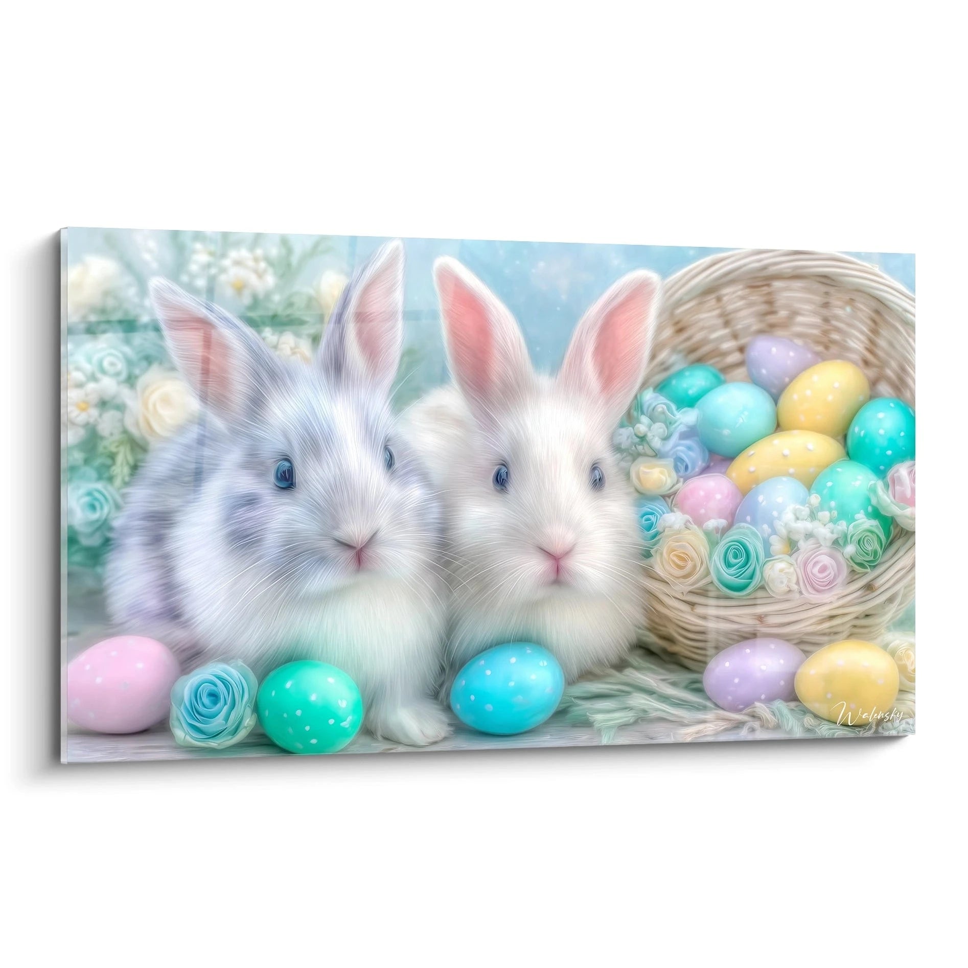 Tableau Walensky montrant deux lapins pelucheux pres d un panier d oeufs pastel et de fleurs, tableau lapins décoration Pâques