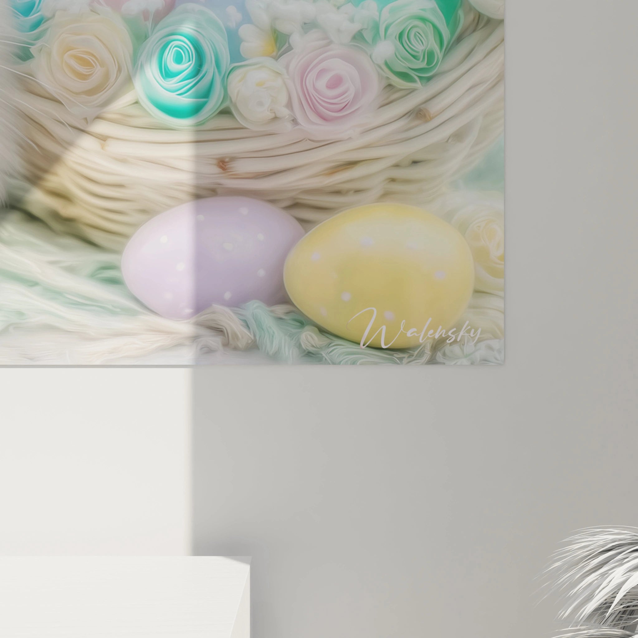 Tableau mural Walensky avec oeufs pastel et roses dans panier, tableau lapins décoration Pâques pour salon printanier