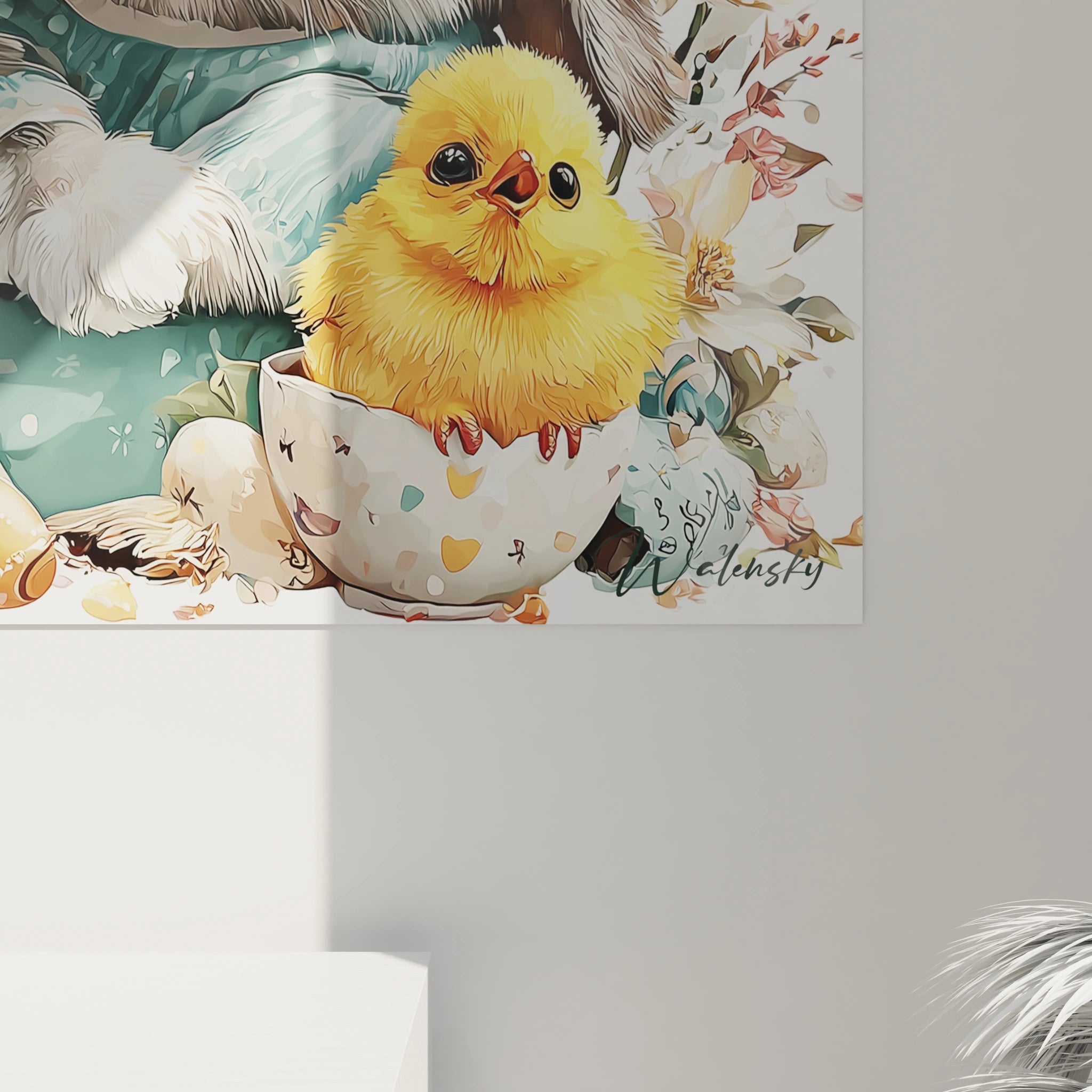 Tableau mural Walensky tableau lapins de pâques illustration d un poussin jaune dans une tasse entouré de fleurs et lapin