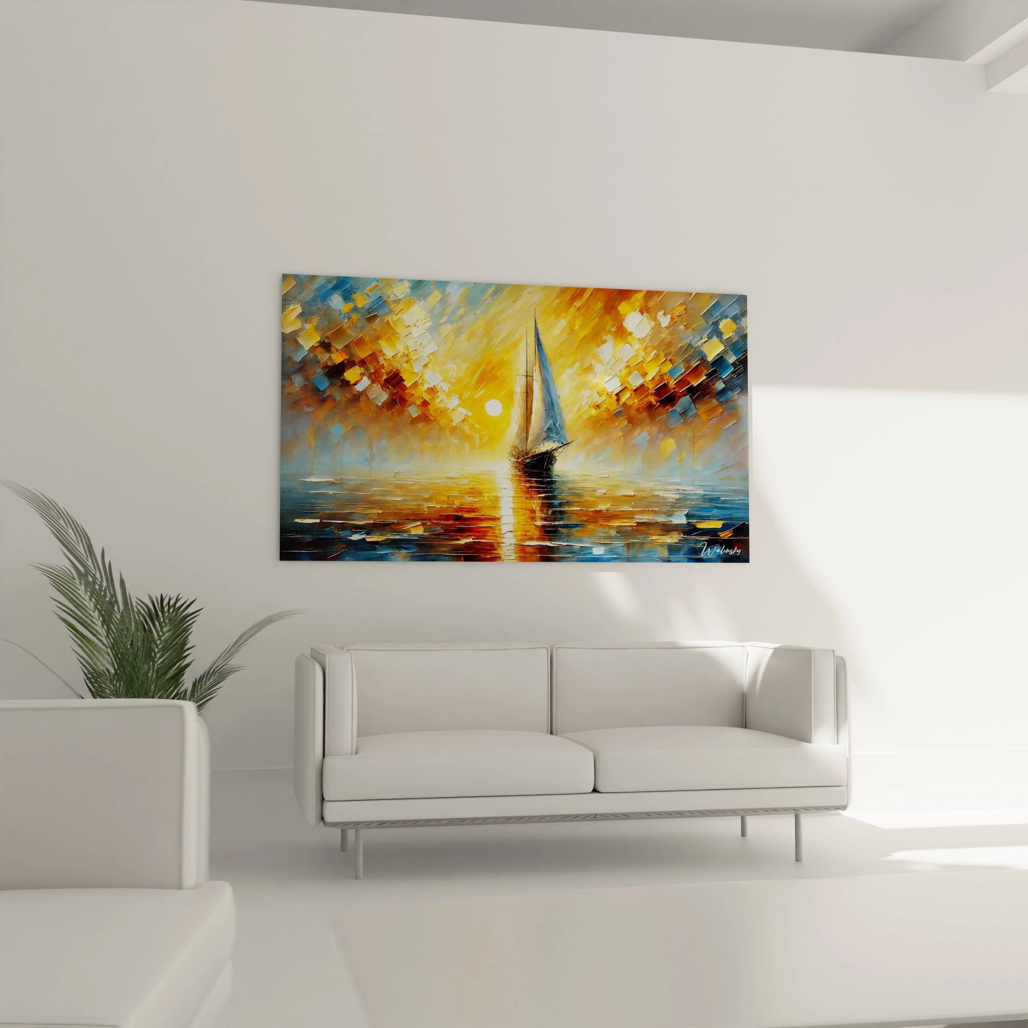 Dans ce salon, le tableau de voilier sur fond de coucher de soleil illumine lâespace. Ses teintes dorĂ©es et formes abstraites crĂ©ent une atmosphĂšre chaleureuse et moderne. DĂ©co Murale