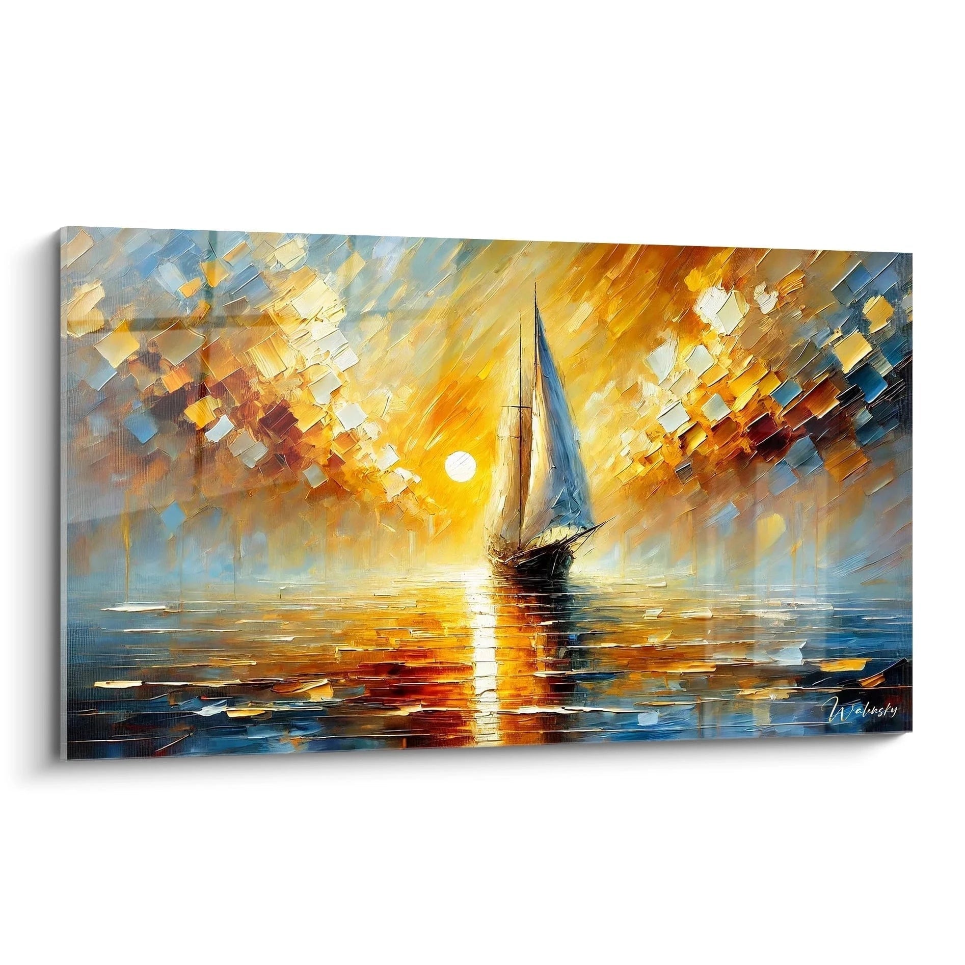 Admirez ce tableau Ă©clatant de voilier naviguant vers un coucher de soleil. Des nuances de jaune, orange et bleu sâentremĂȘlent pour une Ćuvre artistique vibrante et expressive.