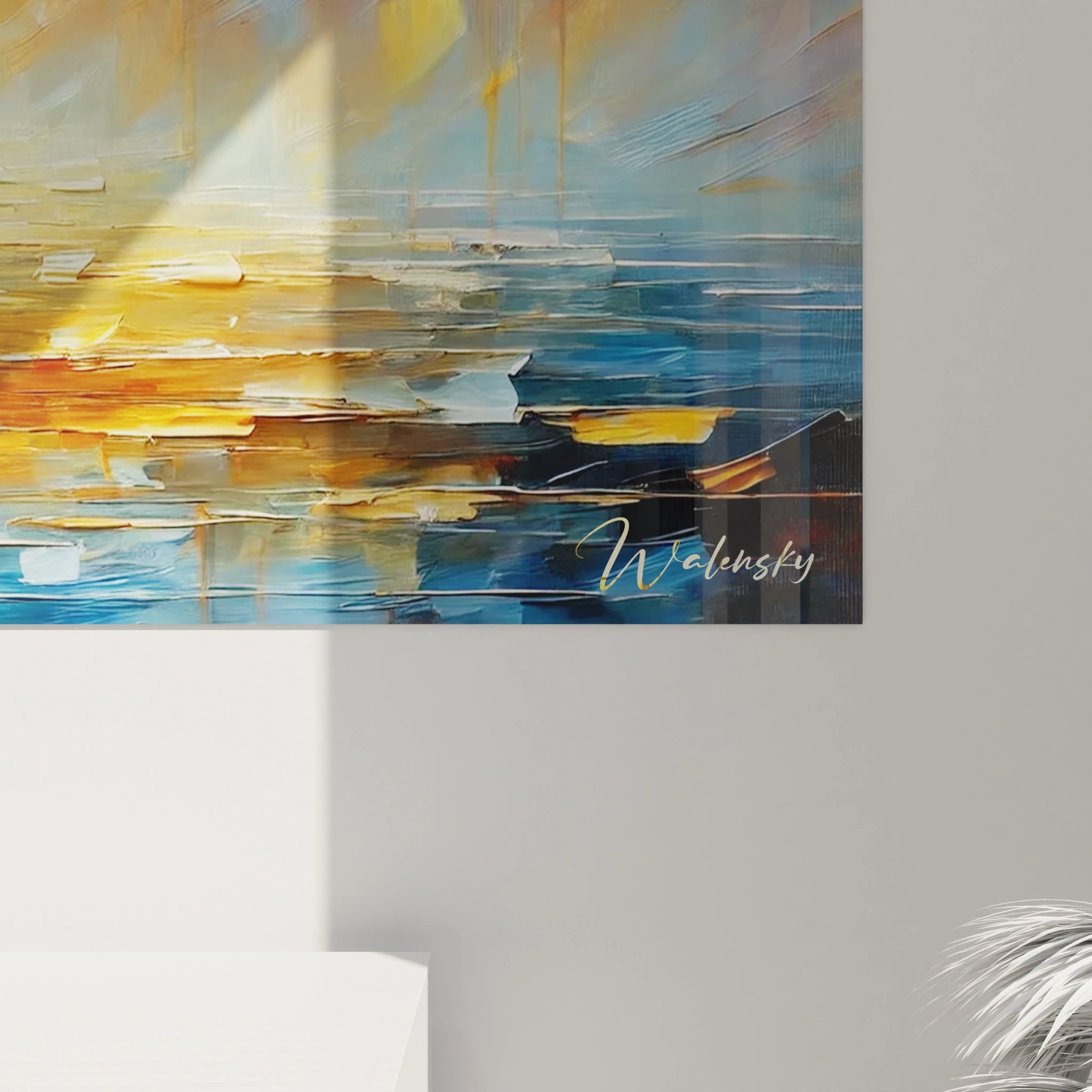 Gros plan sur ce tableau voilier. Les touches de peinture Ă©paisses et les jeux de lumiĂšre reflĂštent la mer calme et le ciel abstrait. Une Ćuvre dâart Ă la fois vivante et sereine.