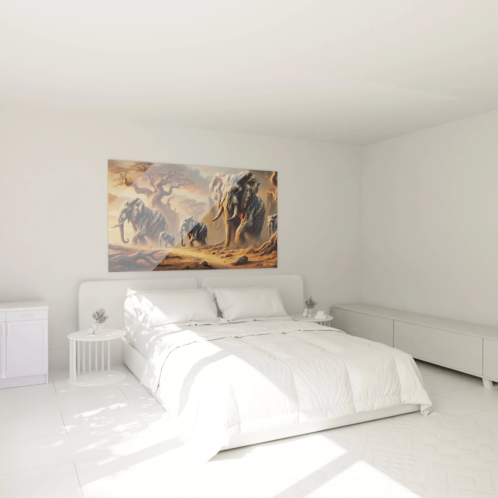 Un tableau artistique abstrait mettant en scÚne des éléphants sculptés en bois dans un décor désertique, avec des couleurs dominantes orange, beige et marron, et des textures réalistes.