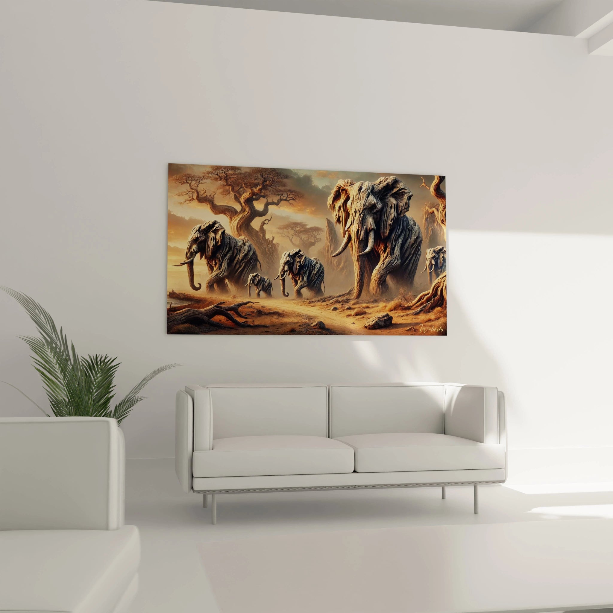 Une Ćuvre surrĂ©aliste abstraite reprĂ©sentant des Ă©lĂ©phants intĂ©grĂ©s Ă  des arbres tordus, dans un paysage ocre avec des reliefs boisĂ©s, et des nuances de beige, marron et orange.