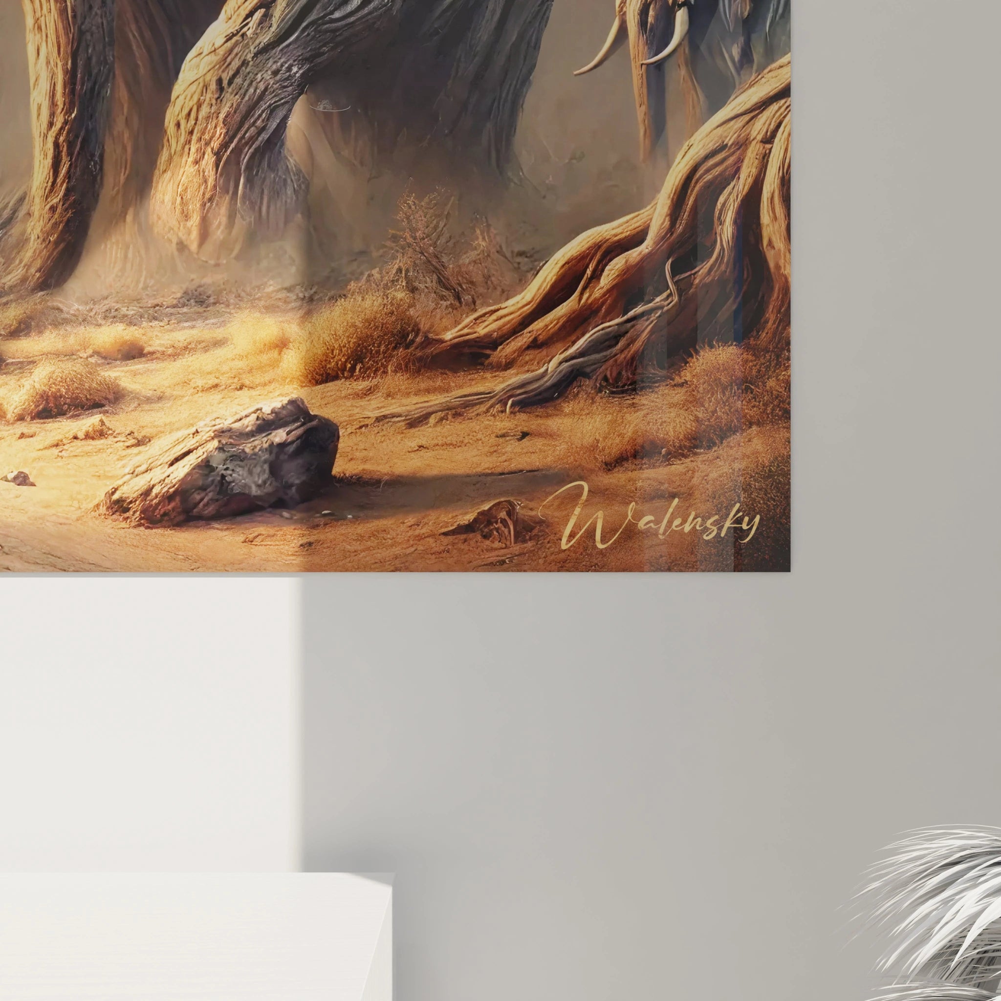 Un tableau artistique abstrait oĂč des Ă©lĂ©phants aux textures boisĂ©es avancent dans un paysage aride, avec des tons de marron, orange et beige, et des dĂ©tails prĂ©cis dans les reliefs et ombres.