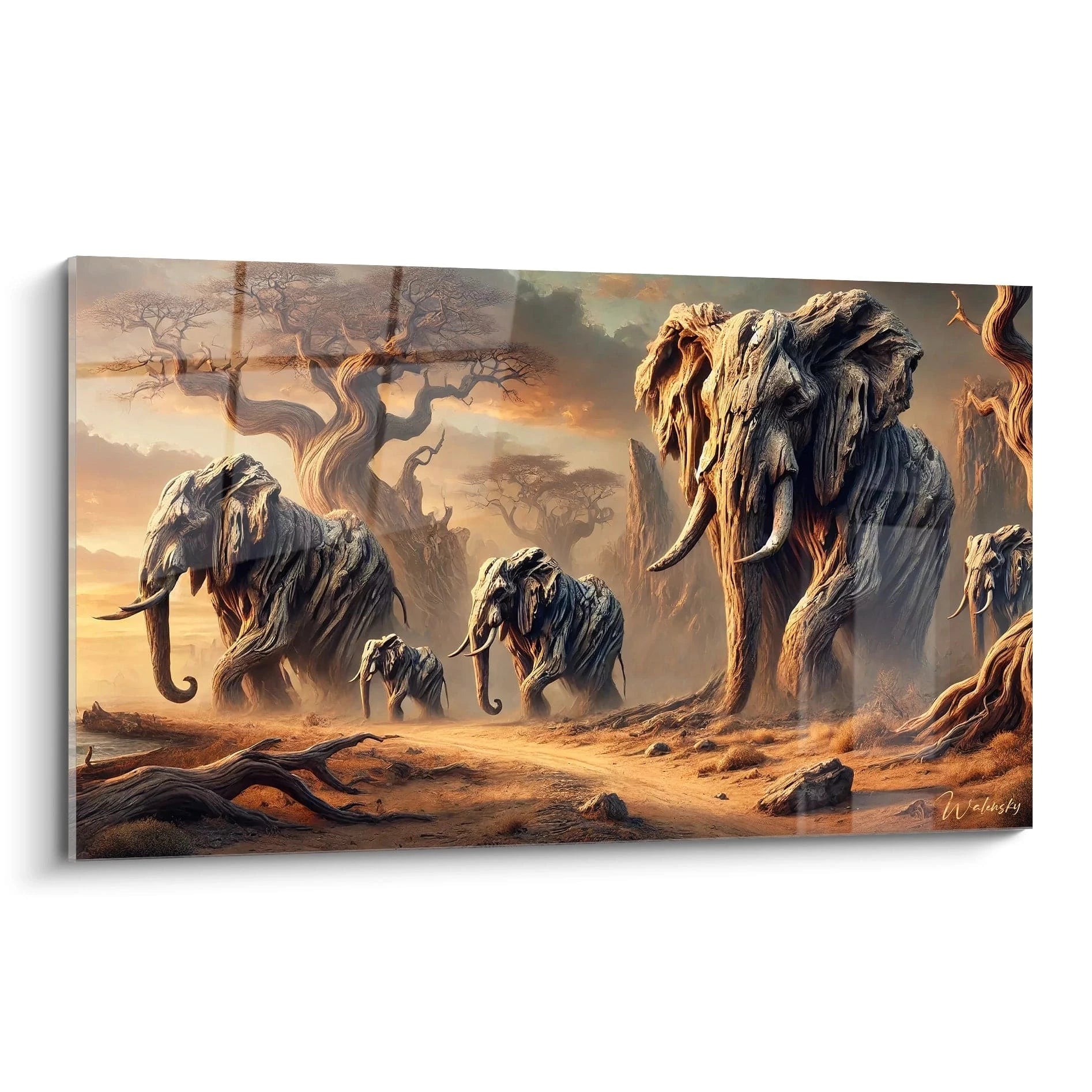 Un tableau surréalisme abstrait montrant des éléphants texturés comme du bois, dans un paysage aux teintes orange, marron et beige, avec des détails de reliefs sur les troncs et le sol.