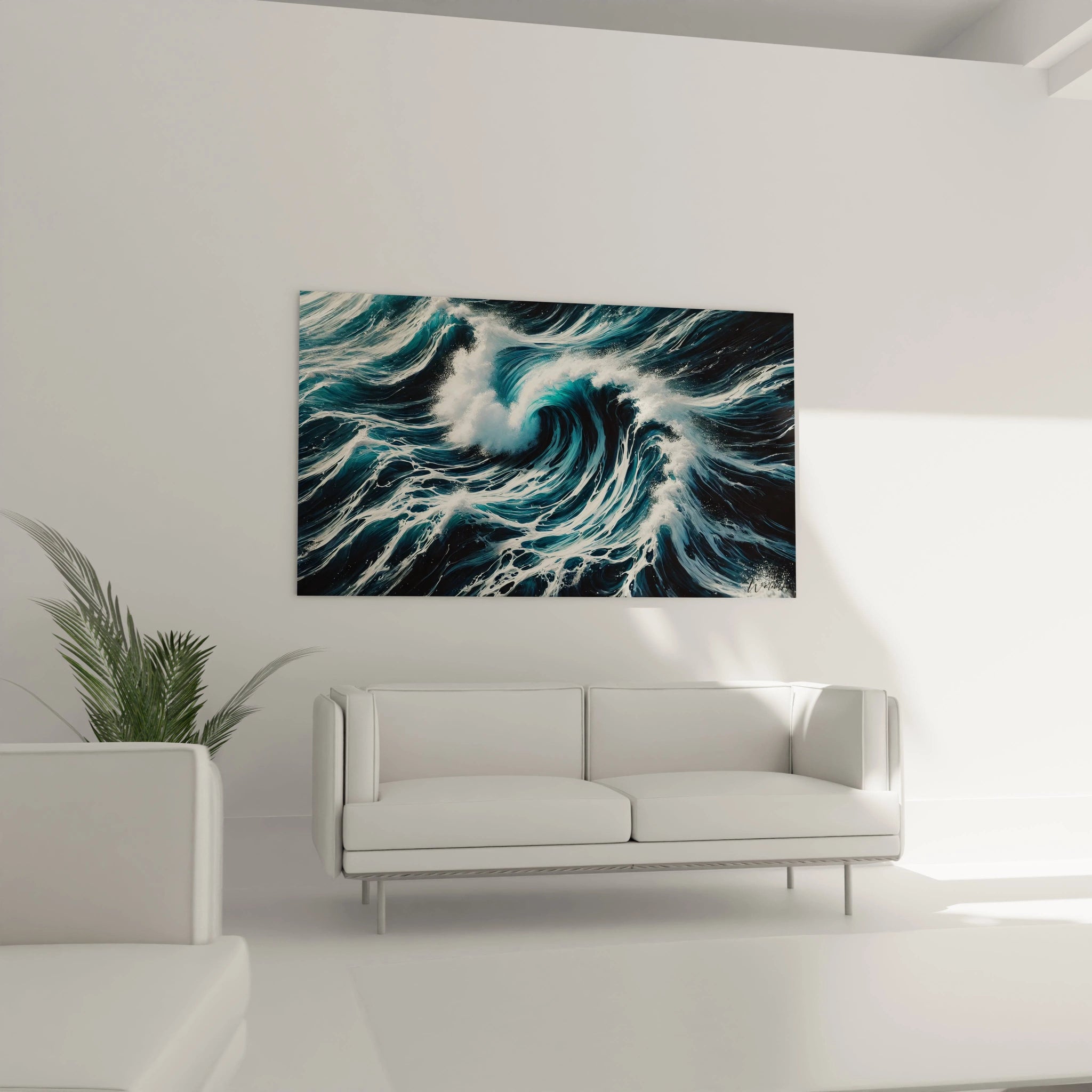 Dans le salon ce tableau Ocean au dessus du canape insuffle une energie sauvage avec ses vagues tourbillonnantes il devient le point focal de la piece