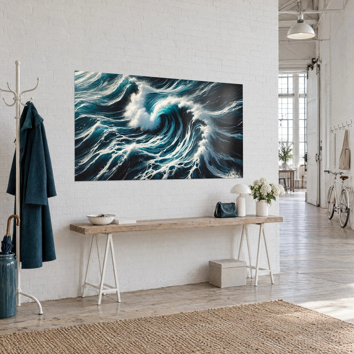 Schilderij krachtige spiraalvormige golf in petrolblauw, oogverblindend witte spatten, opgehangen naast een houten console in een loft