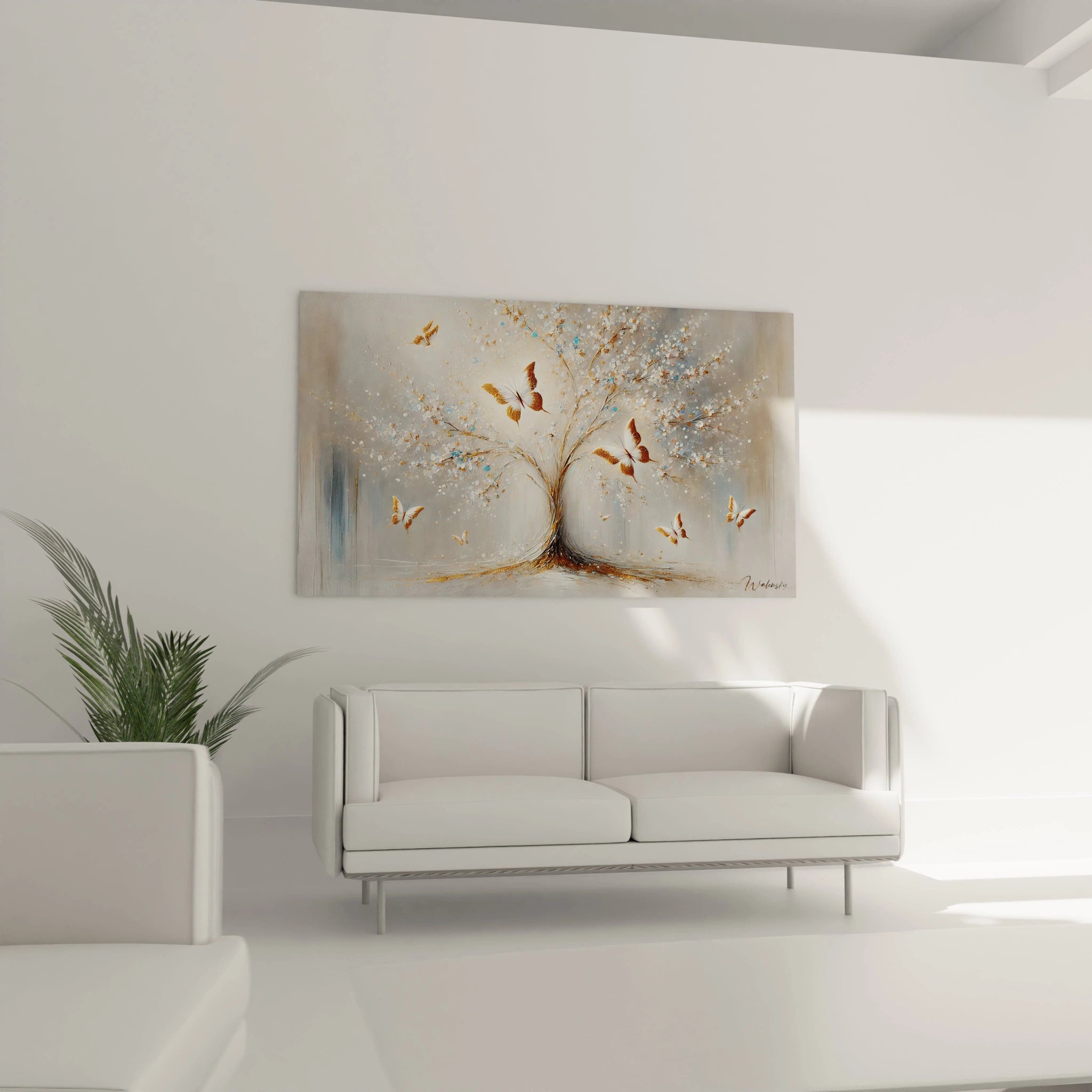 Tableau papillon accroché au dessus d un canapé dans un salon. Ce tableau apporte une touche de luxe et de serenité avec des couleurs douces et vibrantes. Ideal pour creer un espace accueillant et relaxant.