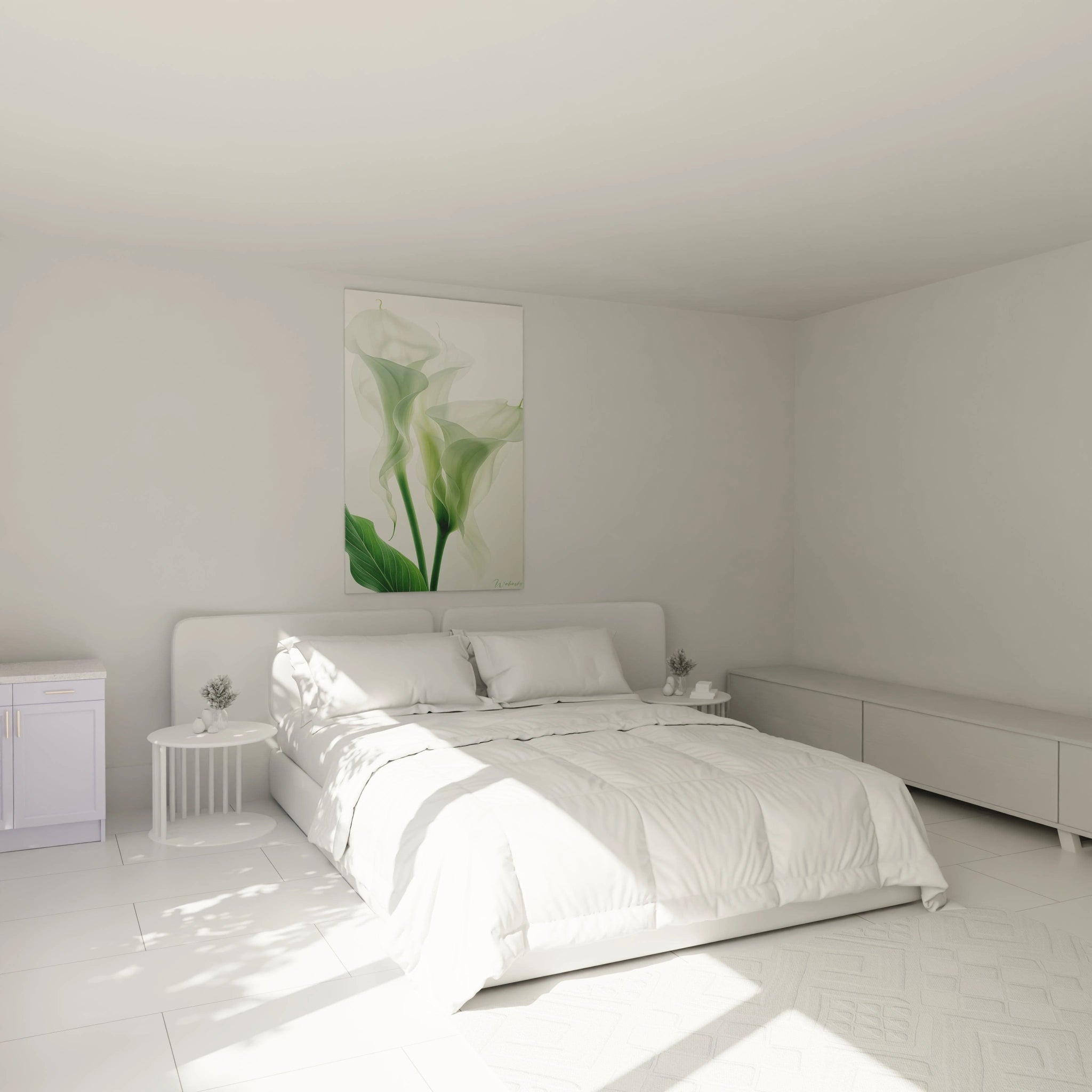Un tableau fleurs d'arums blancs à la texture diaphane capturant l'élégance naturelle de ces plantes. Les pétales blancs translucides contrastent avec les tiges d'un vert intense et les feuilles texturées sur fond neutre.