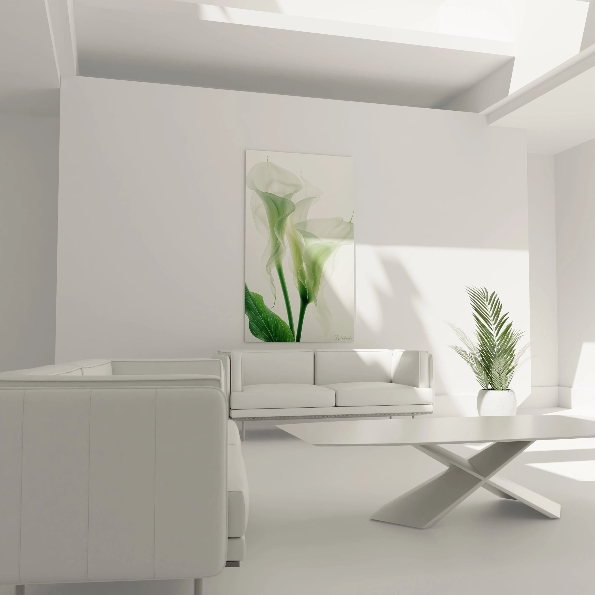 Un tableau fleurs minimaliste présentant trois arums blancs aux pétales semblables à du voile, révélant leurs structures internes. Les verts tendres et blancs immaculés dominent cette composition botanique épurée.
