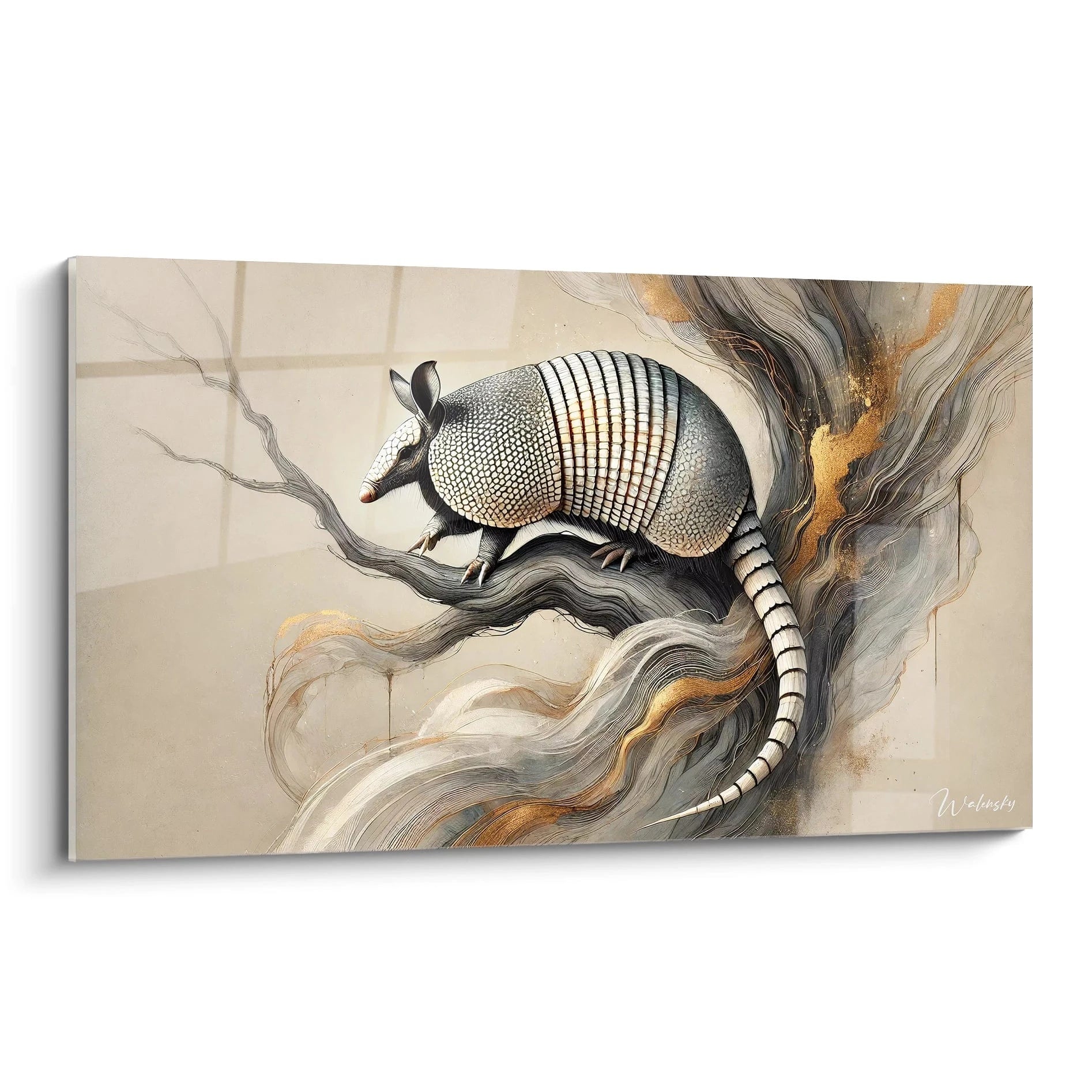 tableau tatou capturant la dualite de la force et fragilite dans un cadre abstrait moderne. Vue de biais, les nuances or et gris evoquent un mouvement subtil et une elegance intemporelle