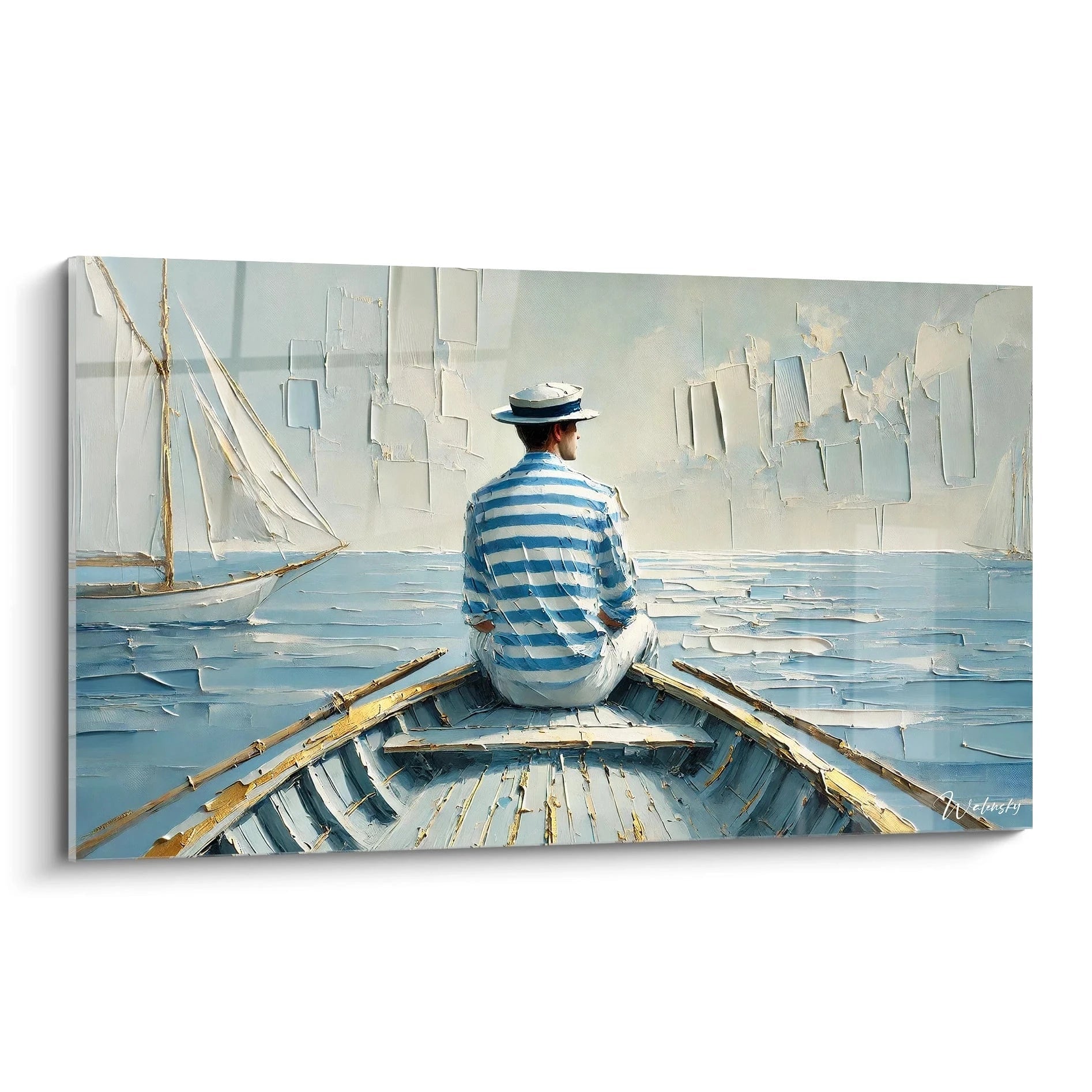 Tableau Marin en perspective offrant une vue apaisante d'un homme en barque face à l'infini. Ce tableau invite à l'introspection et au calme des flots. Ideal pour une ambiance sereine.