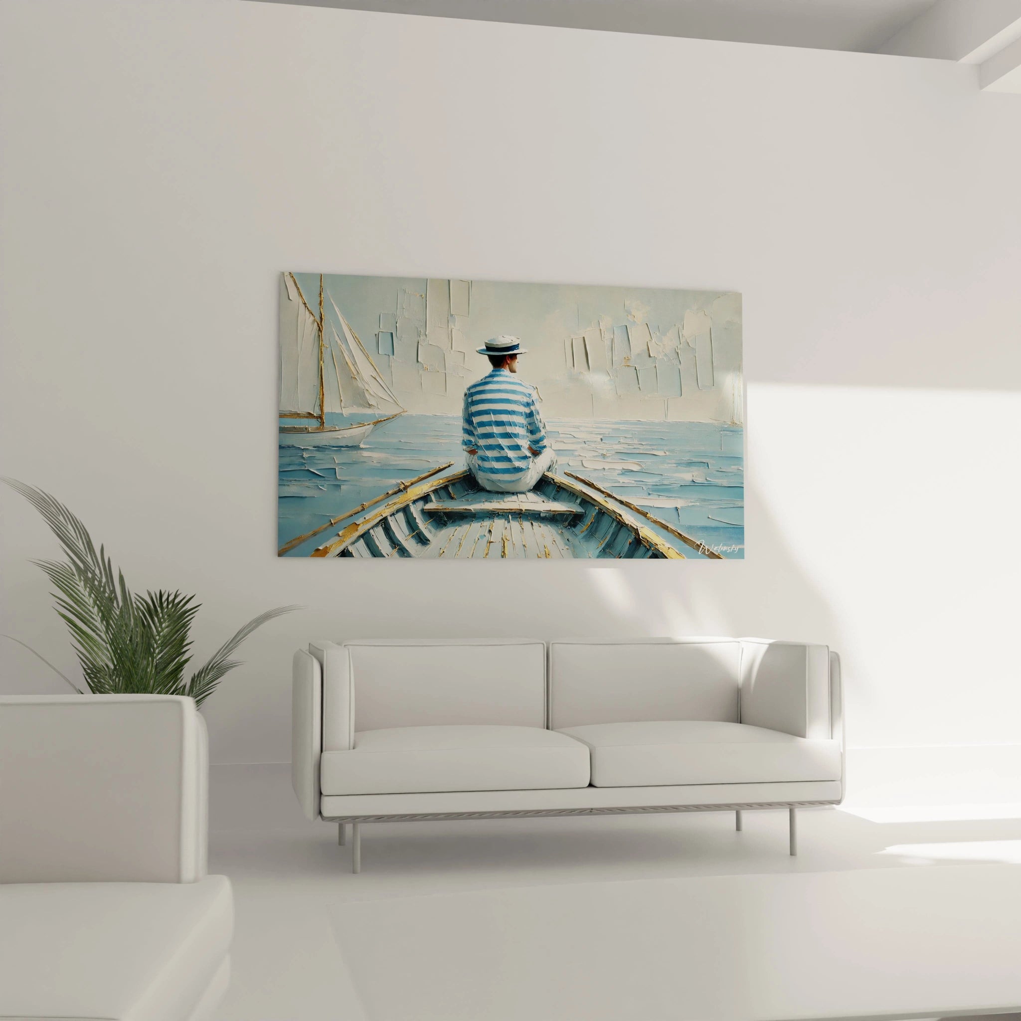 Tableau Marin majestueusement placé au-dessus d'un canapé dans le salon. Ses nuances de bleu et de blanc ajoutent une touche de calme et d’évasion, rappelant la vastitude de l'océan.