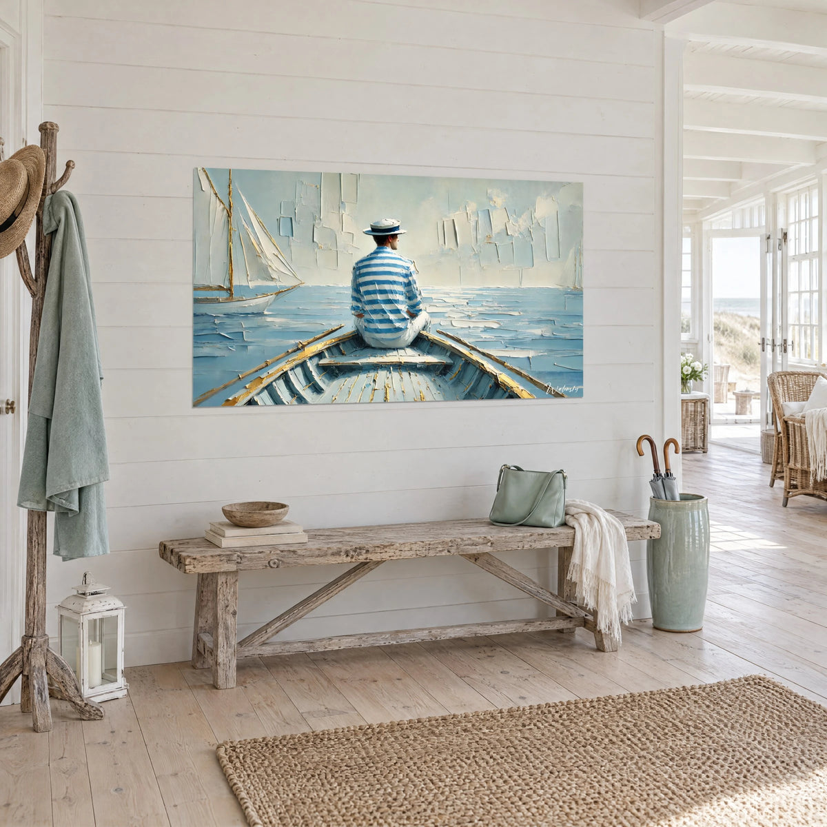 Cuadro remero con sombrero de paja ribeteado de azul, barca con líneas doradas, velero marfil, vista de tres cuartos, casa junto al mar