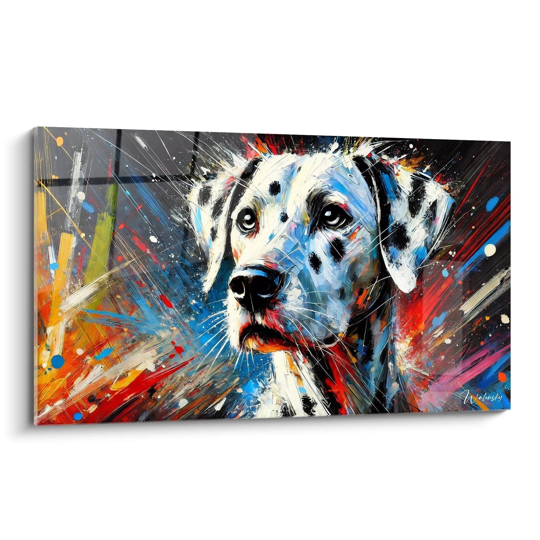 Ce tableau chien abstrait contemporain avec un dalmatien aux couleurs éclatantes apporte une énergie dynamique. Sa texture unique en fait un choix idéal pour les amateurs d'art moderne.