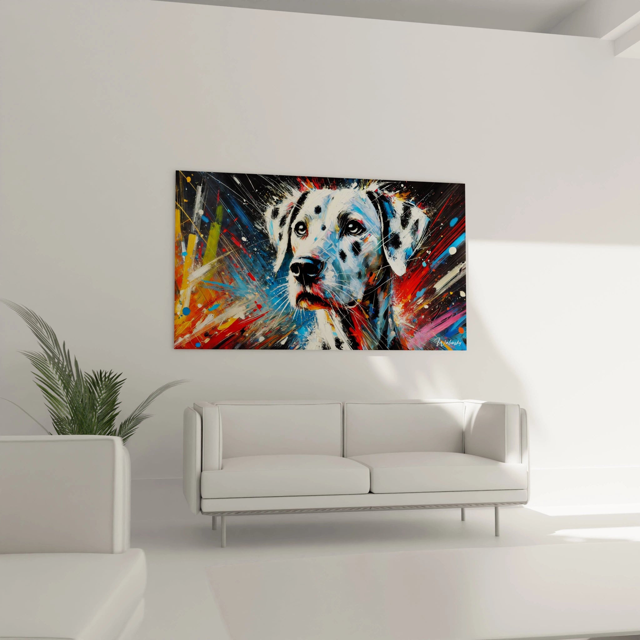 Ce tableau chien abstrait accroché au-dessus du canapé dans un salon moderne capte immédiatement l’attention grâce à ses couleurs vives et son design contemporain unique.